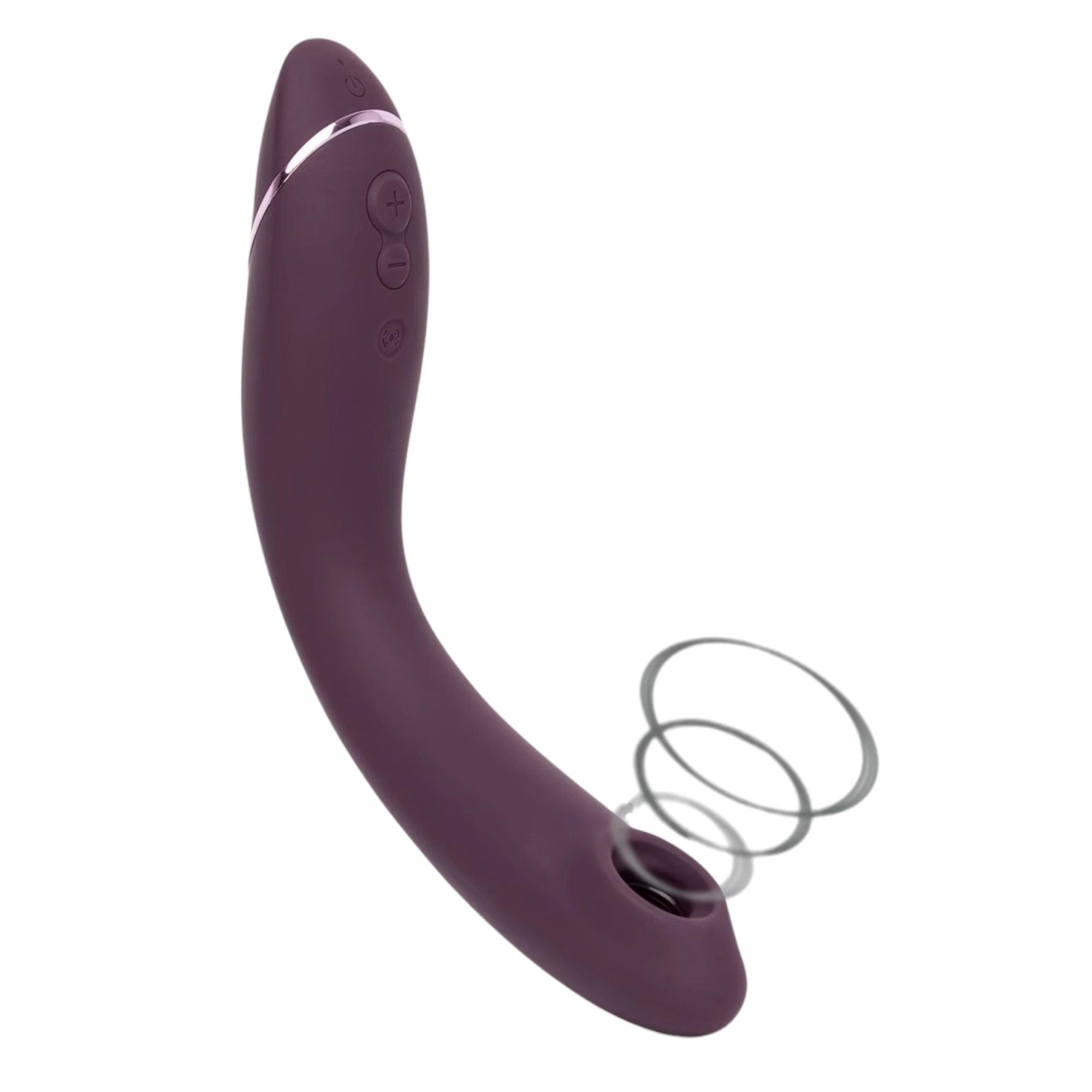 Womanizer OG Pleasure Air G-spot stimulator in purple shown at an angled side view, with the curved ergonomic body, metallic accent band, side control buttons and the Pleasure Air nozzle opening highlighted by airflow graphic rings against a white background.