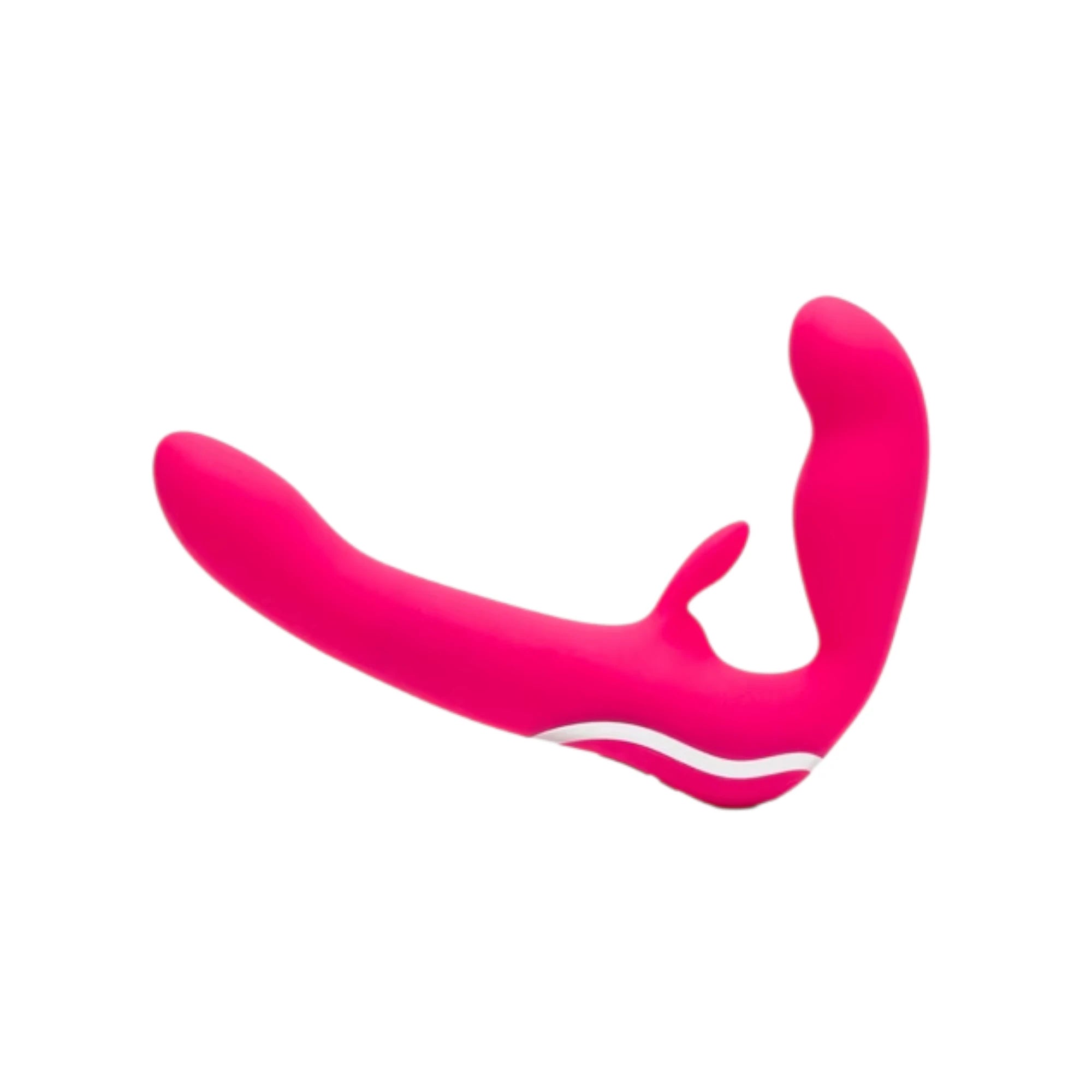 Happy Rabbit vibrating strapless strap-on in hot pink shown from side displaying curved dual-ended design, external rabbit ear stimulator, white accent band, and smooth silicone finish against white background
