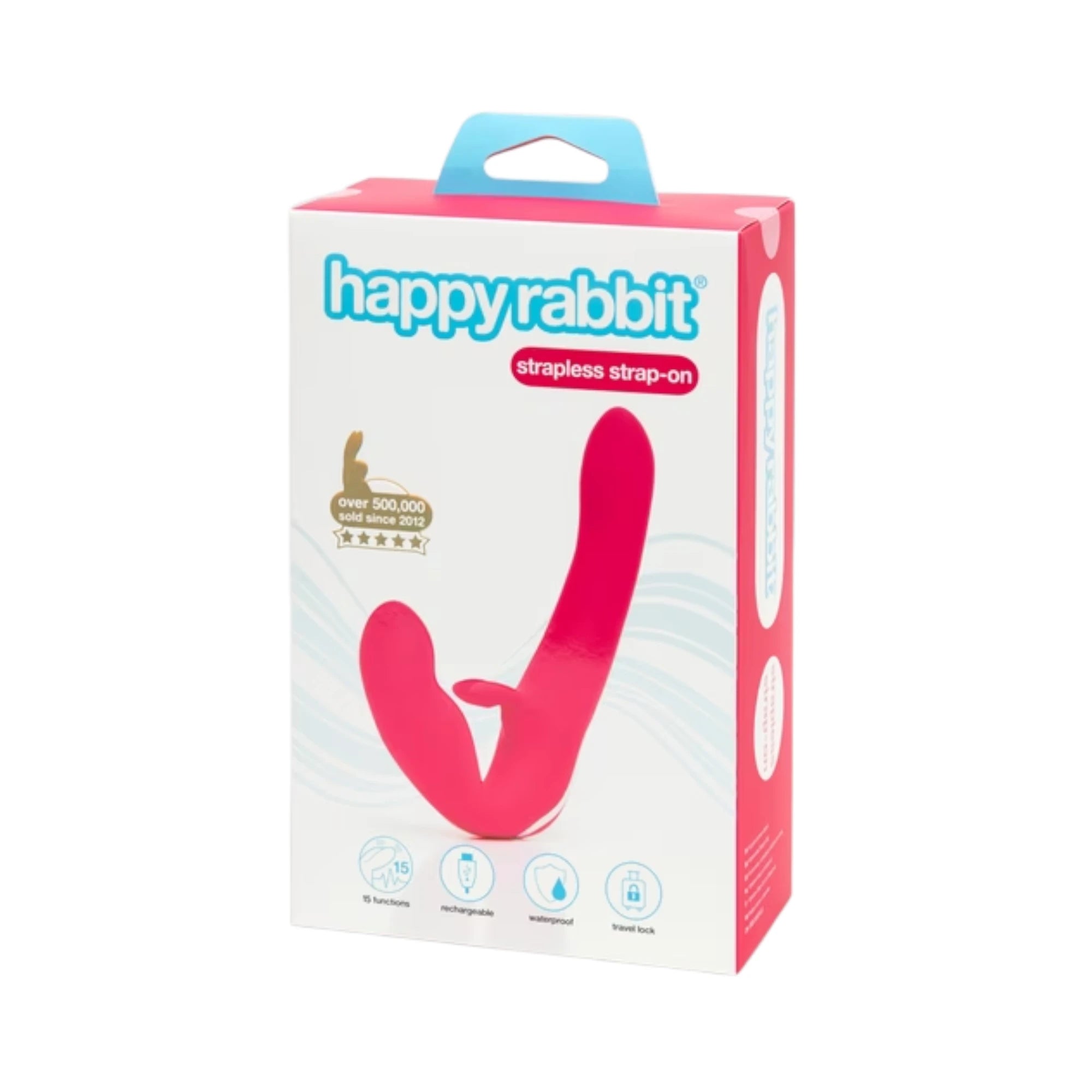Happy Rabbit vibrating strapless strap-on packaging box shown from front displaying product image, 'strapless strap-on' label, Happy Rabbit branding in blue, 'Over 500,000 sold since 2012' gold badge with five stars, blue carry handle, feature icons for 15 functions, rechargeable, waterproof, and travel lock, and wave pattern design against white background