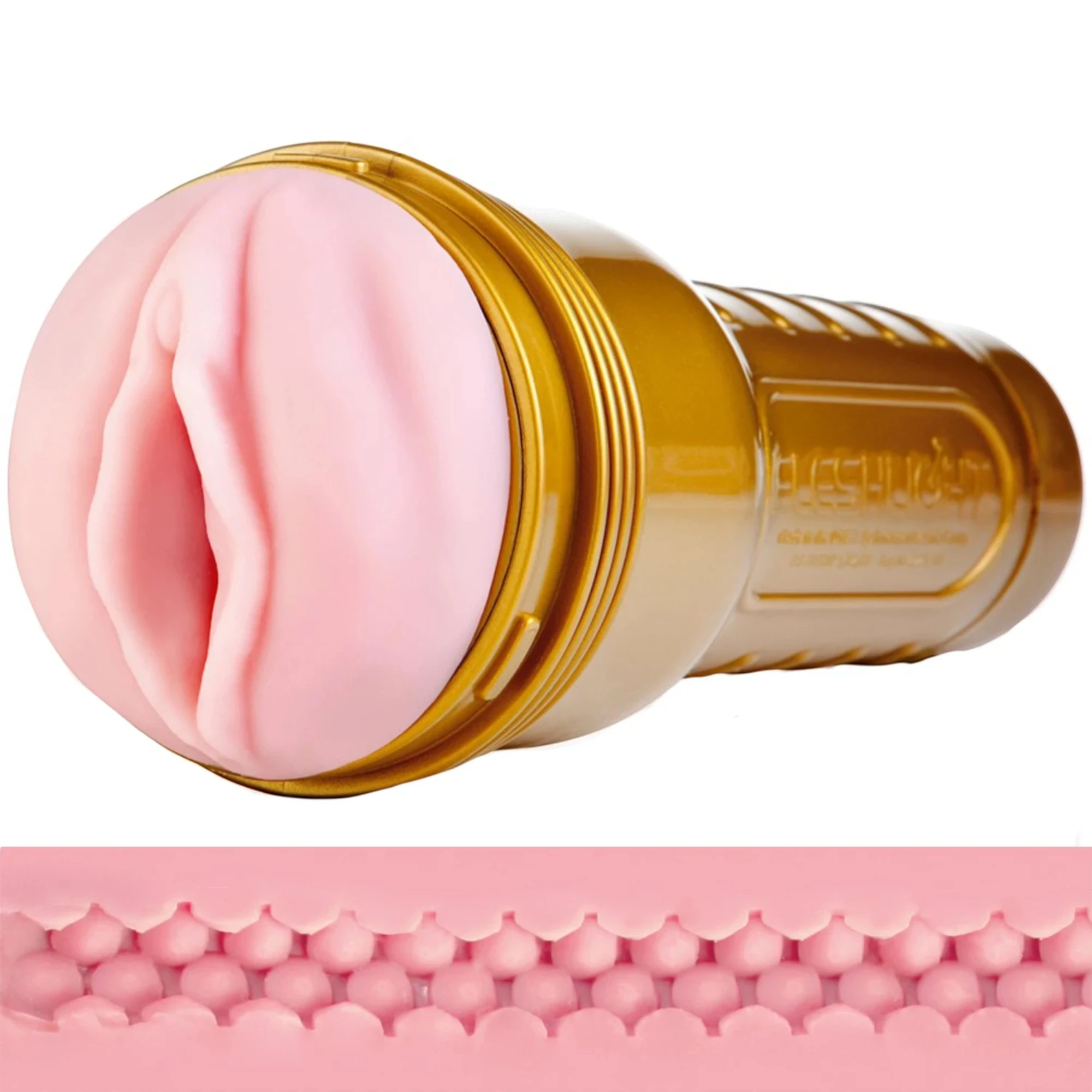 Fleshlight Pink Lady Stamina Training Unit STU shown from front displaying realistic pink TPE opening, gold metallic casing, Fleshlight branding, and detailed interior texture pattern against white background