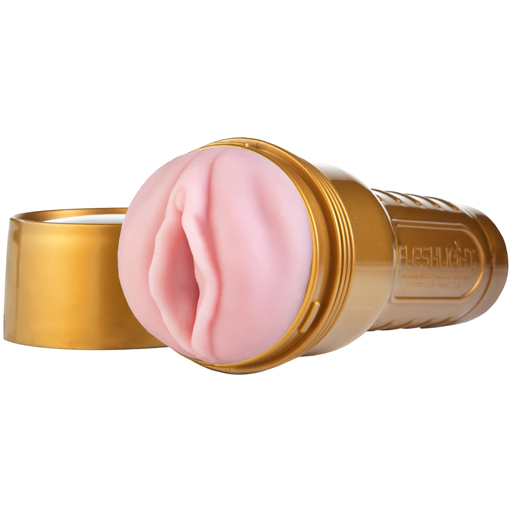 Fleshlight Pink Lady Stamina Training Unit STU shown from side with gold storage case displaying realistic pink TPE opening, gold metallic casing, Fleshlight branding, and smooth cylindrical body against white background