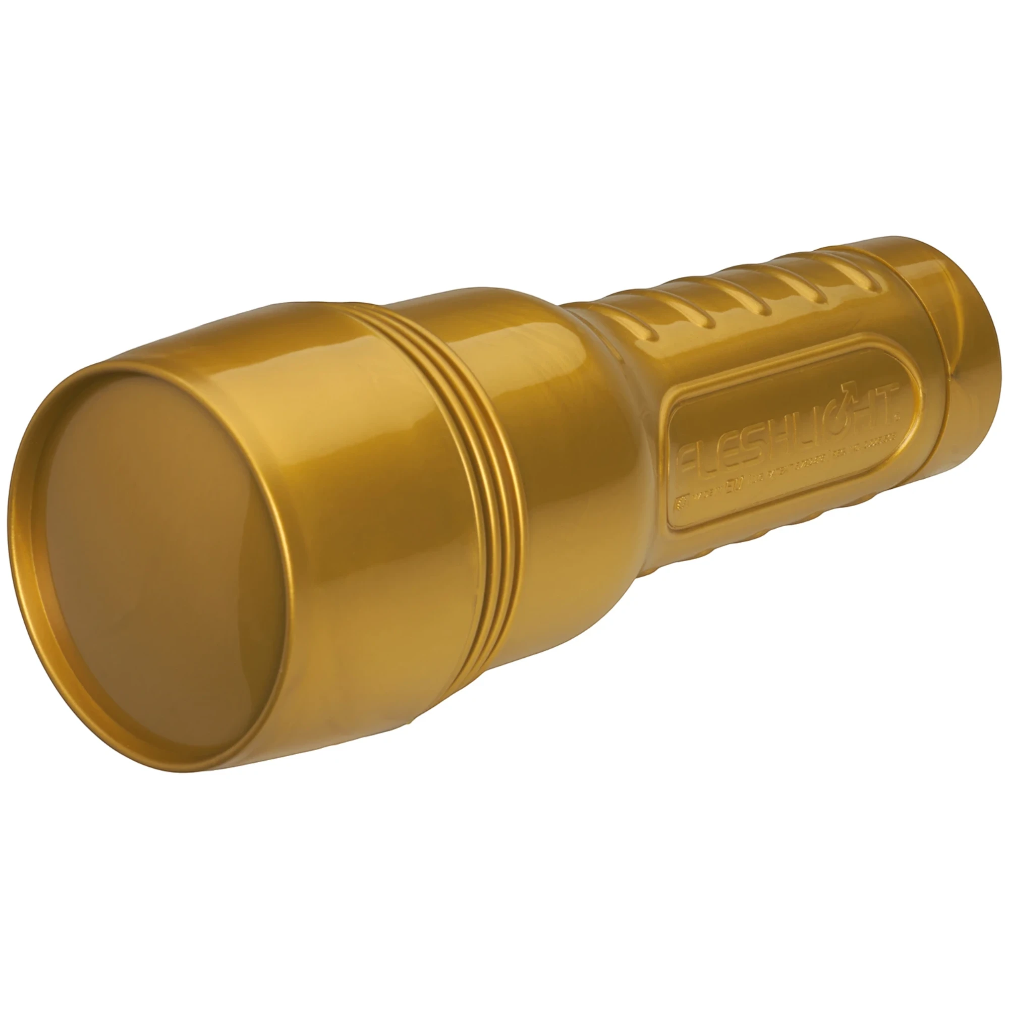 Fleshlight Pink Lady Stamina Training Unit STU gold storage case shown from side displaying polished metallic finish, ribbed texture, removable cap, Fleshlight branding panel, and cylindrical design against white background