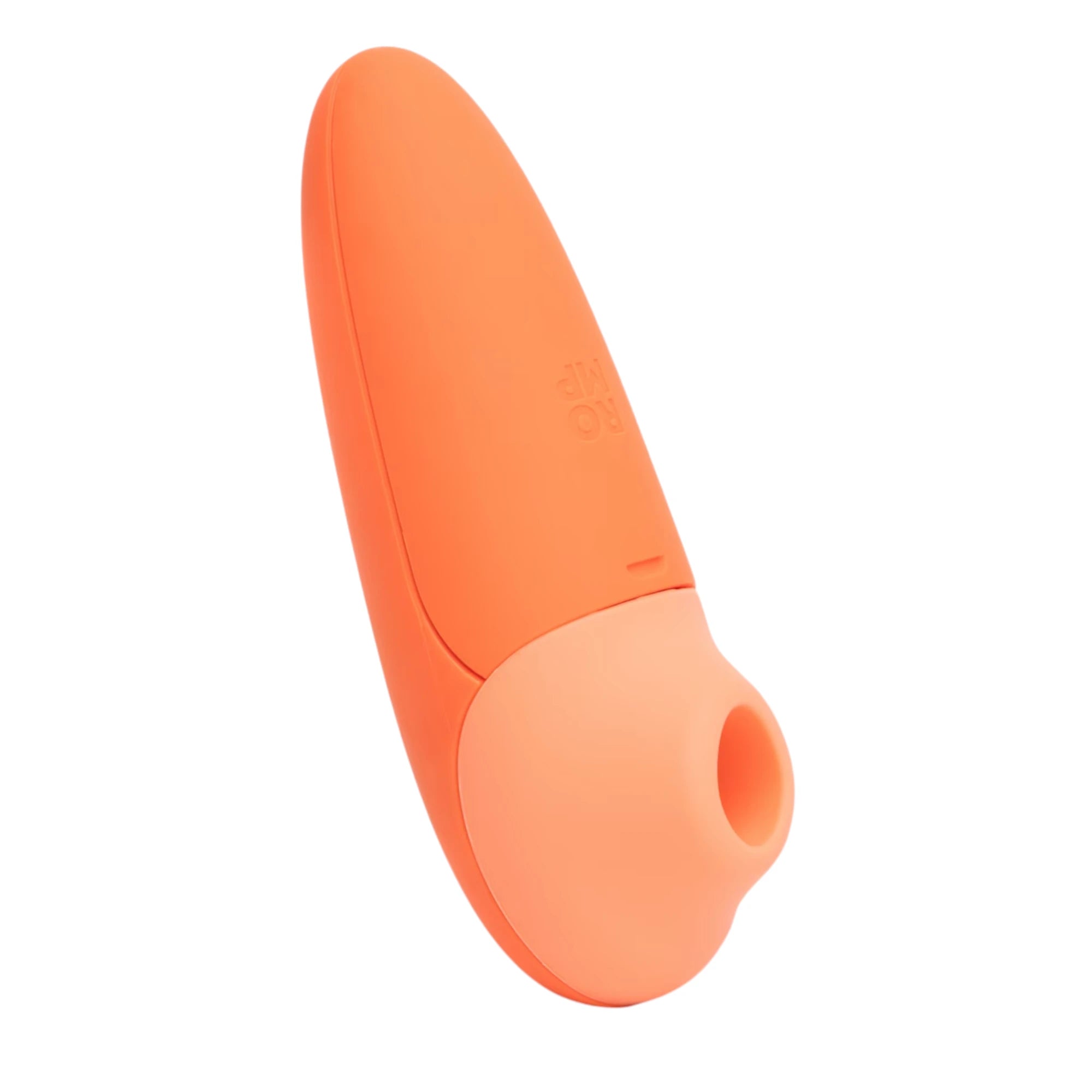 The ROMP Switch X clitoral suction stimulator in orange silicone with a slim rounded body and a bulbous base featuring a circular suction opening, shown on a plain white background.