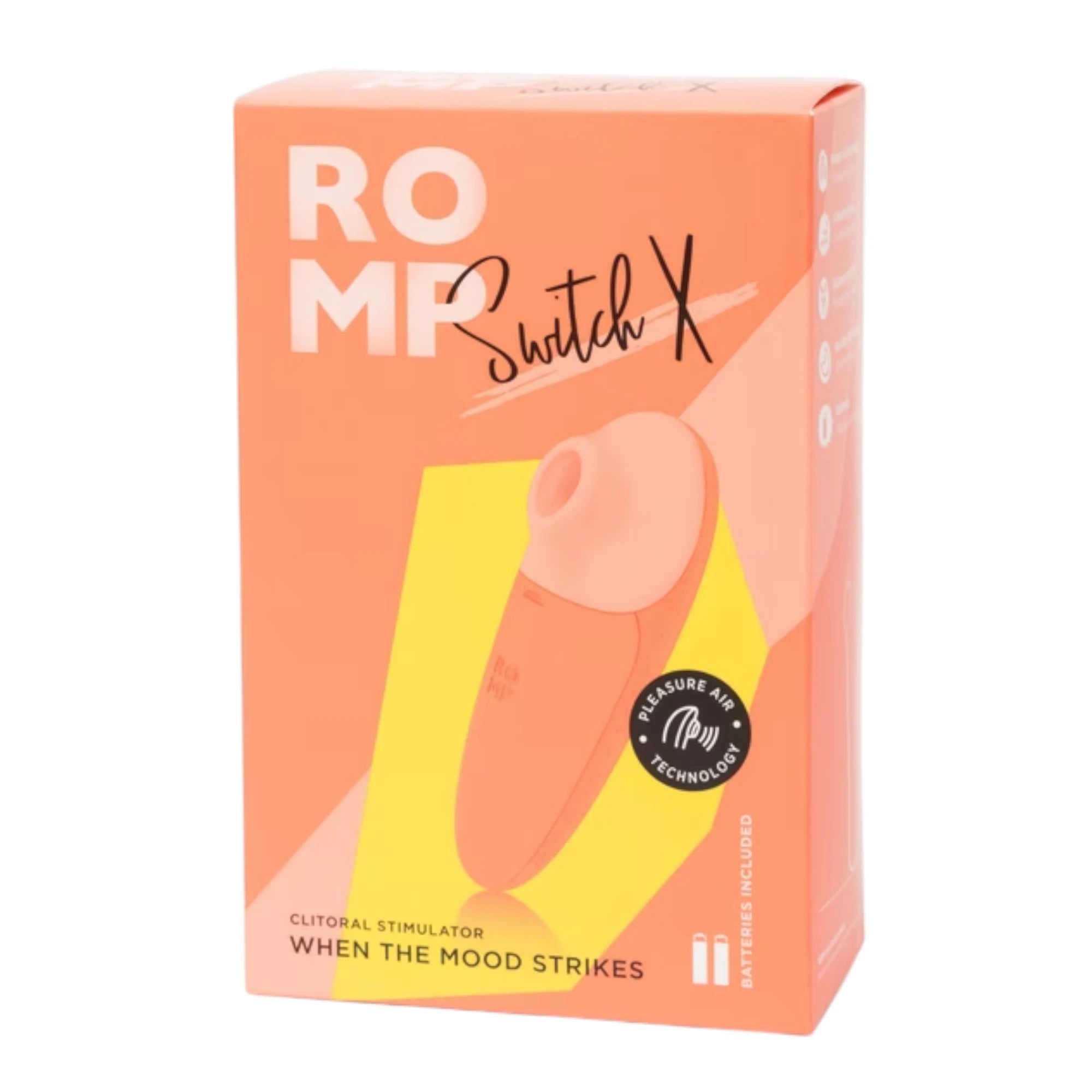 The ROMP Switch X clitoral suction stimulator retail box in orange and peach with a product image on the front and ‘ROMP Switch X’ branding, shown on a plain white background