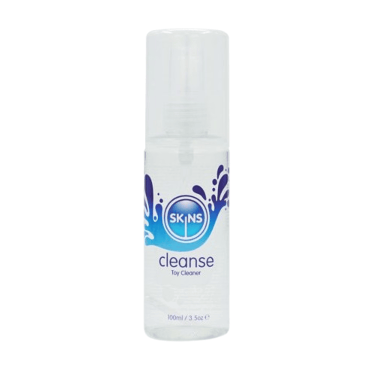 Skins Cleanse Toy Cleaner 100ml clear spray bottle with blue and purple splash design against white background