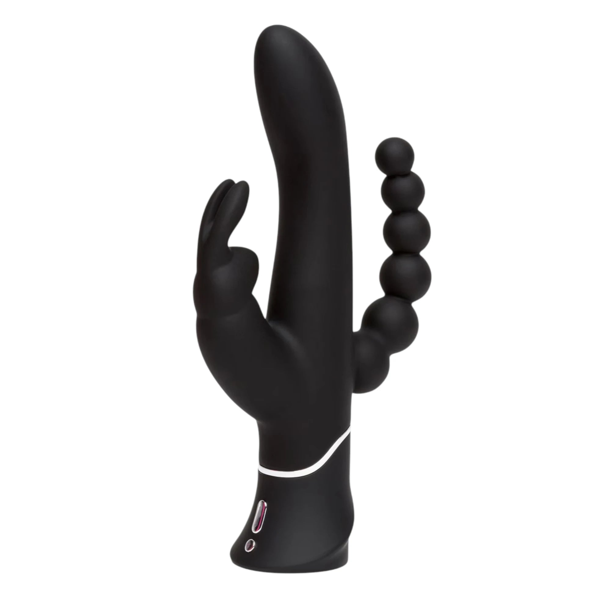 Happy Rabbit Triple Curve black rabbit vibrator shown from front displaying curved main shaft, external rabbit ear stimulator, beaded anal probe attachment, white accent band, and control buttons at base against white background