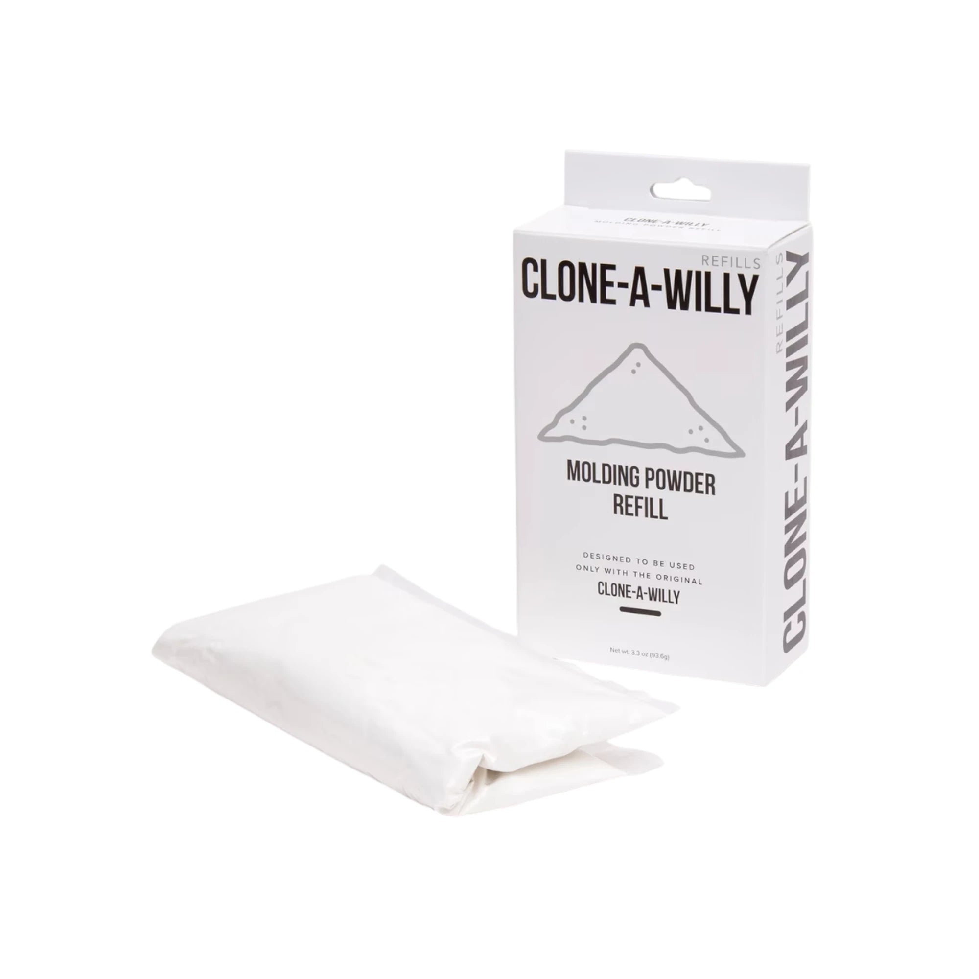 The Clone-A-Willy Moulding Powder Refill Bag (90g) shown as a white refill pouch beside the white ‘Clone-A-Willy’ moulding powder refill box, on a plain white background