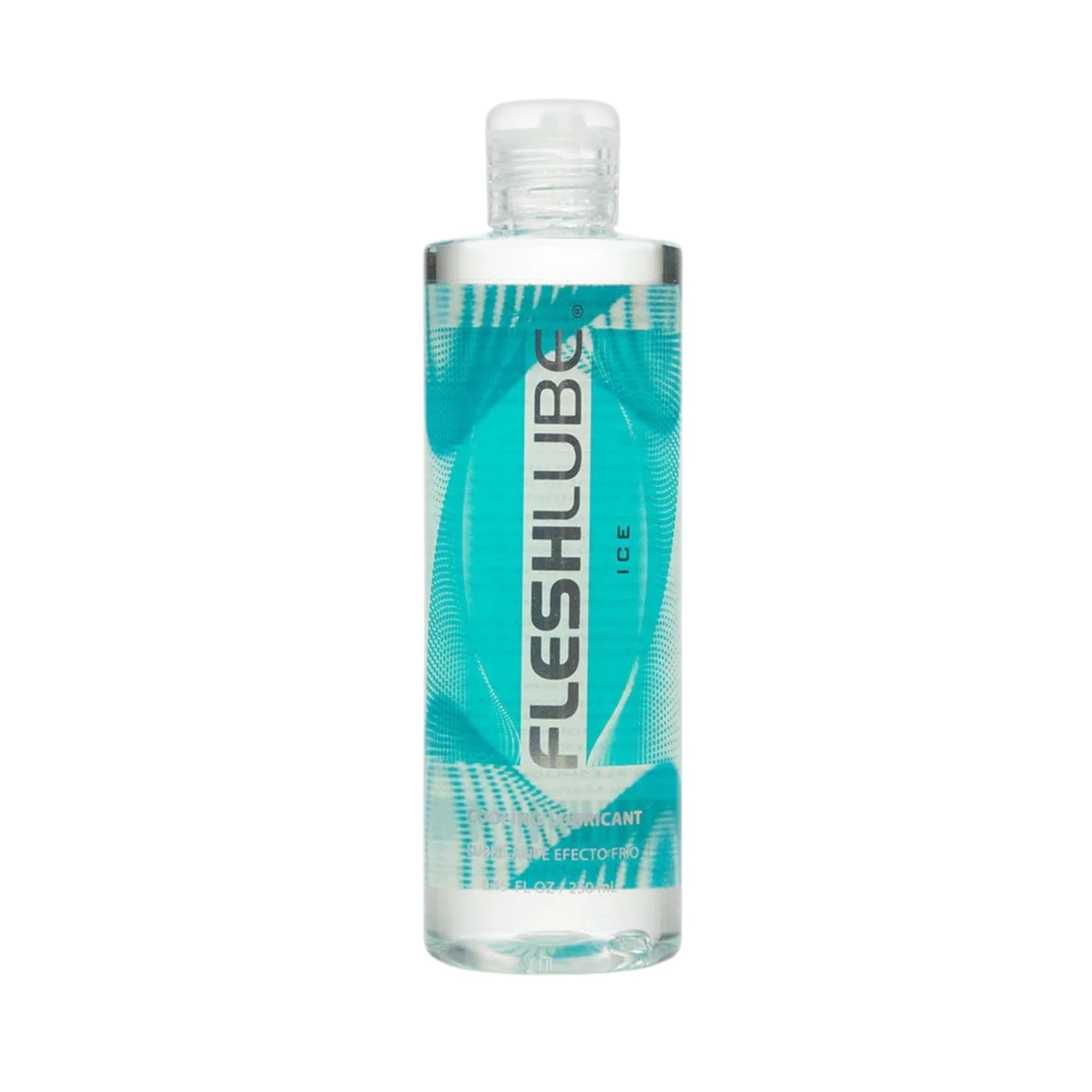 The Fleshlight Fleshlube Ice Cooling Water-Based Lubricant (250ml) bottle with clear liquid, a clear flip-top cap, and a teal label with vertical ‘FLESHLUBE’ text and ‘Ice’ branding, shown on a plain white background