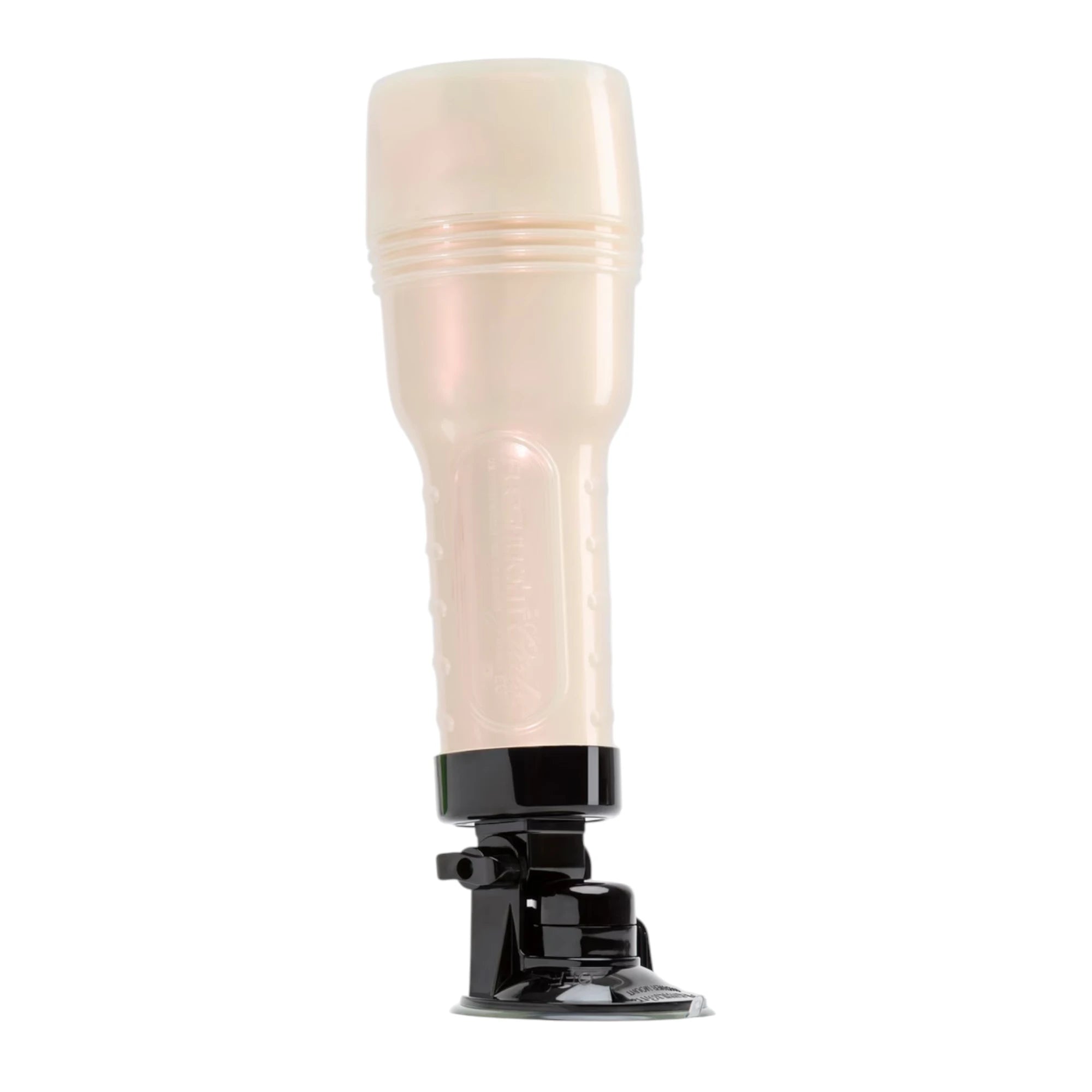 The Fleshlight Shower Mount & Hands-Free Adaptor in black plastic with a suction cup base and adjustable mount, shown attached to a white Fleshlight case on a plain white background.