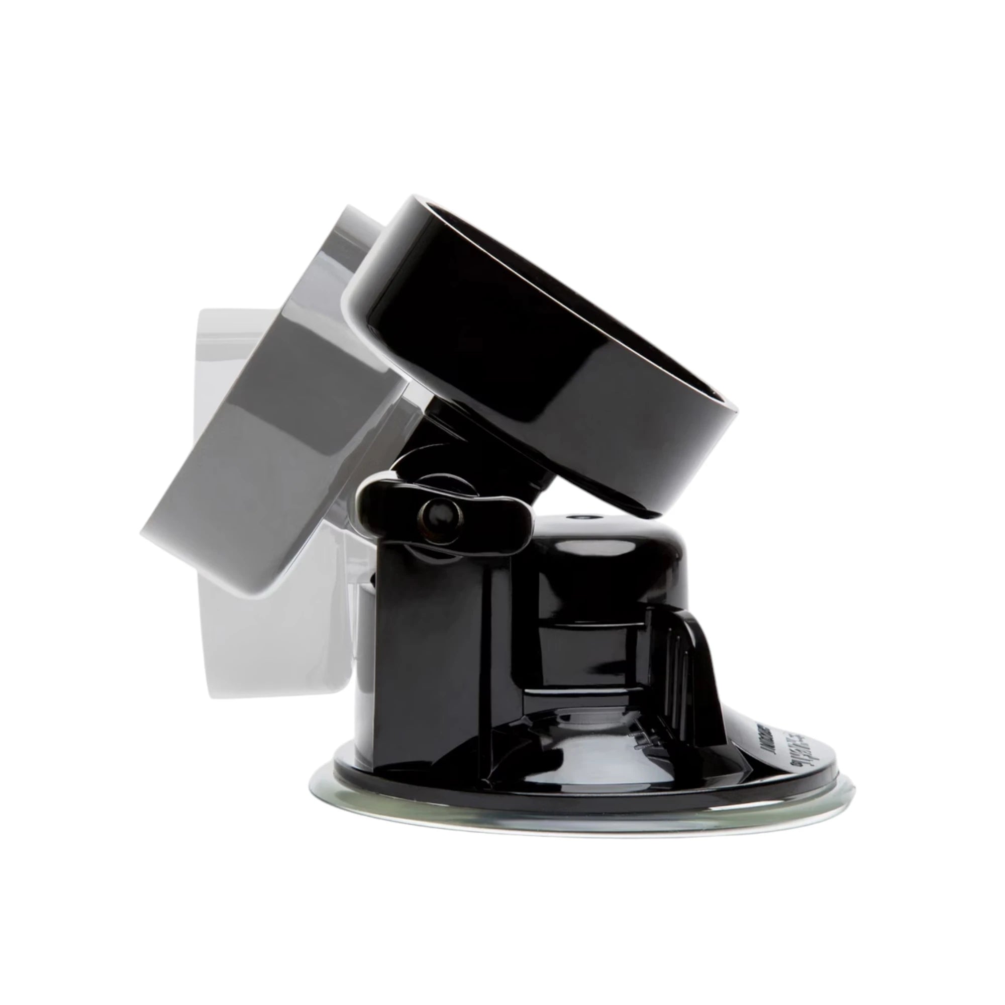 The Fleshlight Shower Mount & Hands-Free Adaptor in black plastic with a suction cup base and an adjustable angled mount with a threaded adaptor ring, shown on a plain white background