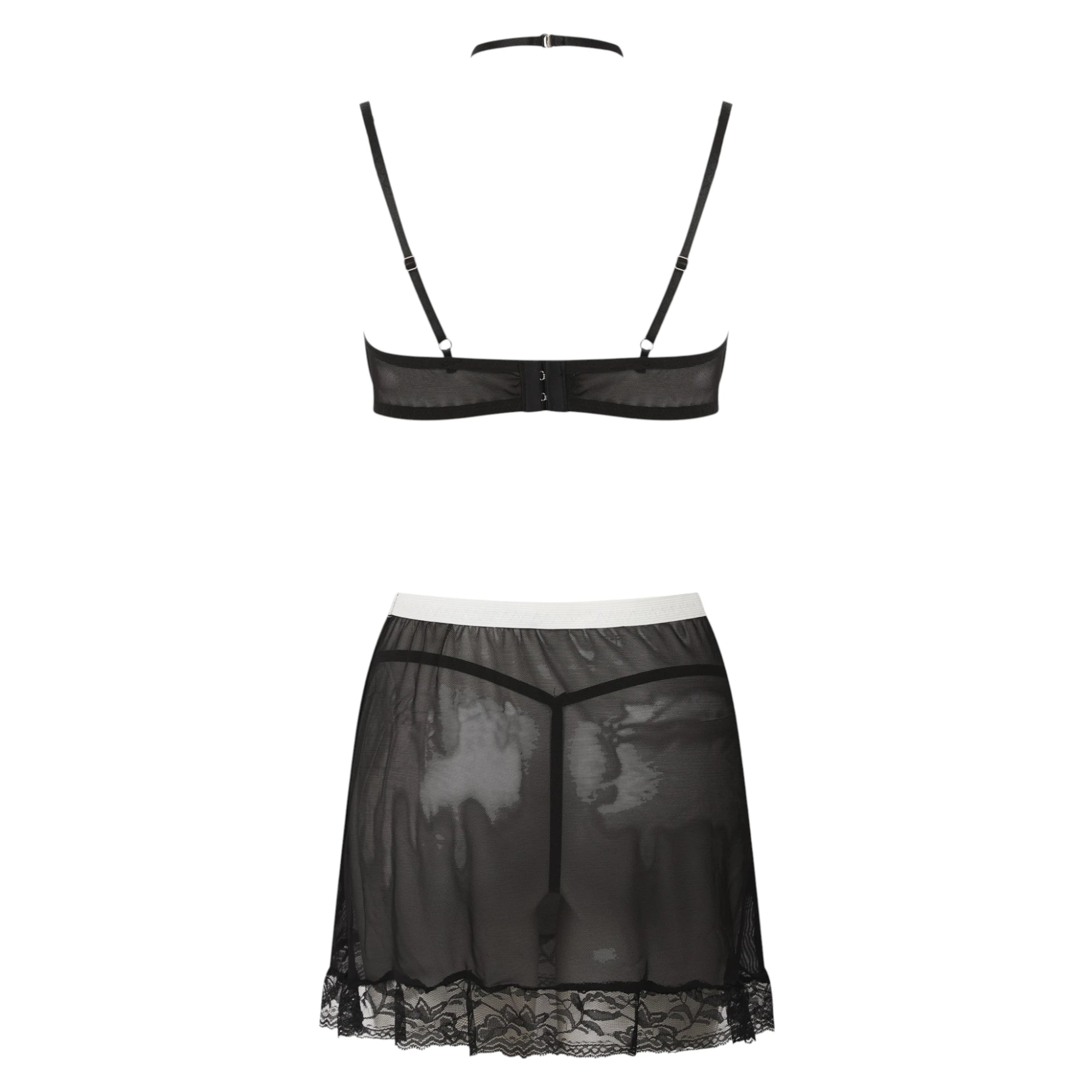 The Lormi Lingerie Black & White Lace Harness Bra Set with Maid Skirt in black and white with a back view showing the strappy bra back and the sheer black lace maid skirt with a white waistband, shown on a plain white background