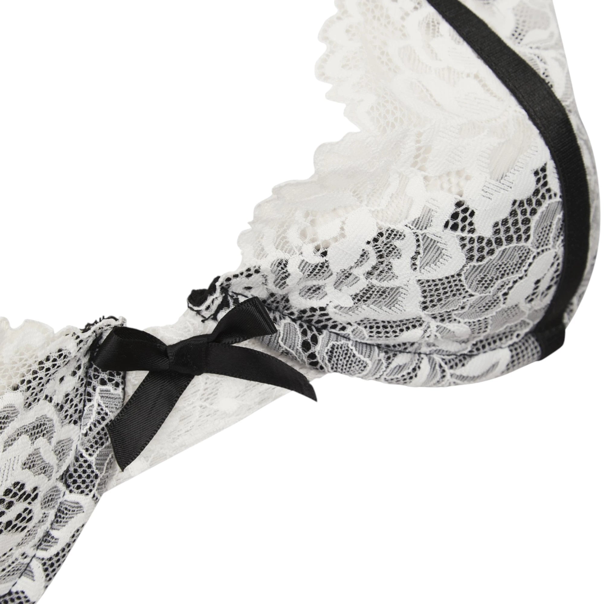 The Lormi Lingerie Black & White Lace Harness Bra Set with Maid Skirt in black and white with a close-up view of the lace bra cup, ruffled trim, and black bow detail, shown on a plain white background