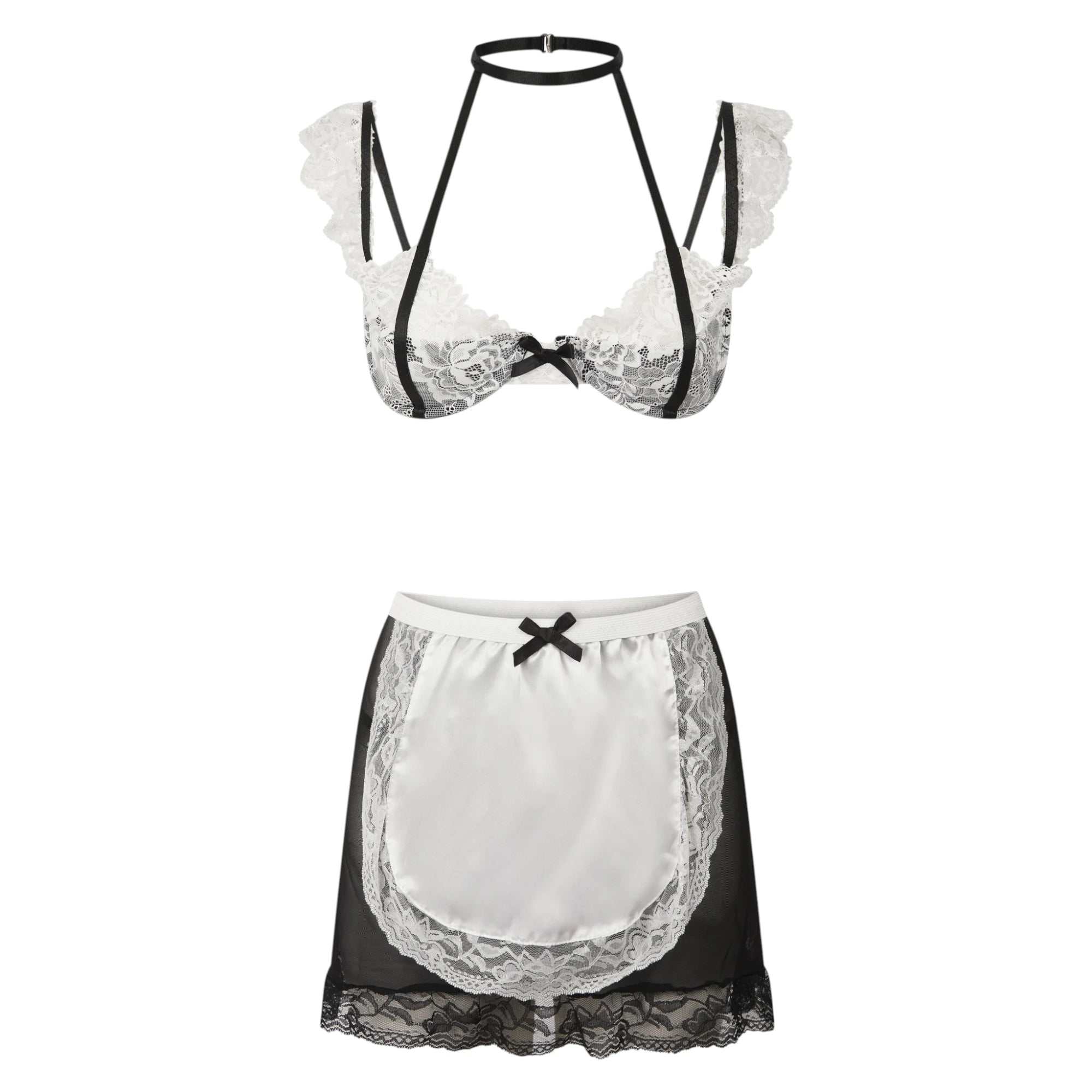 The Lormi Lingerie Black & White Lace Harness Bra Set with Maid Skirt in black and white with a lace harness bra featuring a choker strap and ruffled trim, and a matching black lace maid skirt with a white apron panel and bow detail, shown on a plain white background.