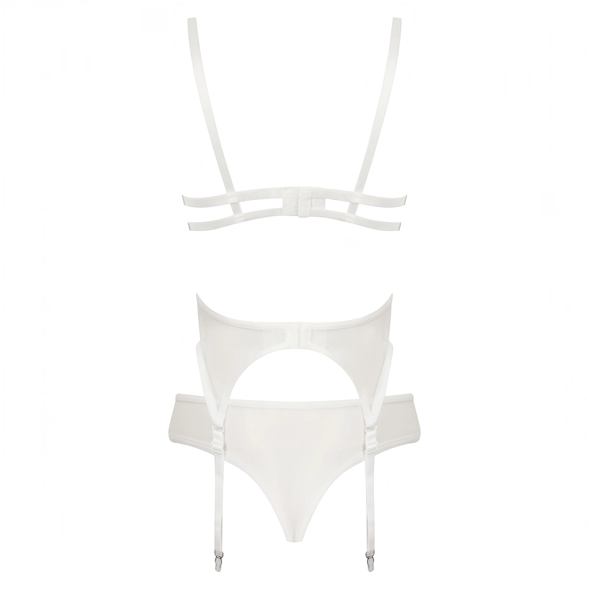 The Lormi Lingerie White Sheer Butterfly Mesh Corset Set with Suspender Thong in white with a back view showing the strappy bra back and the matching high-waisted thong with attached suspenders, shown on a plain white background