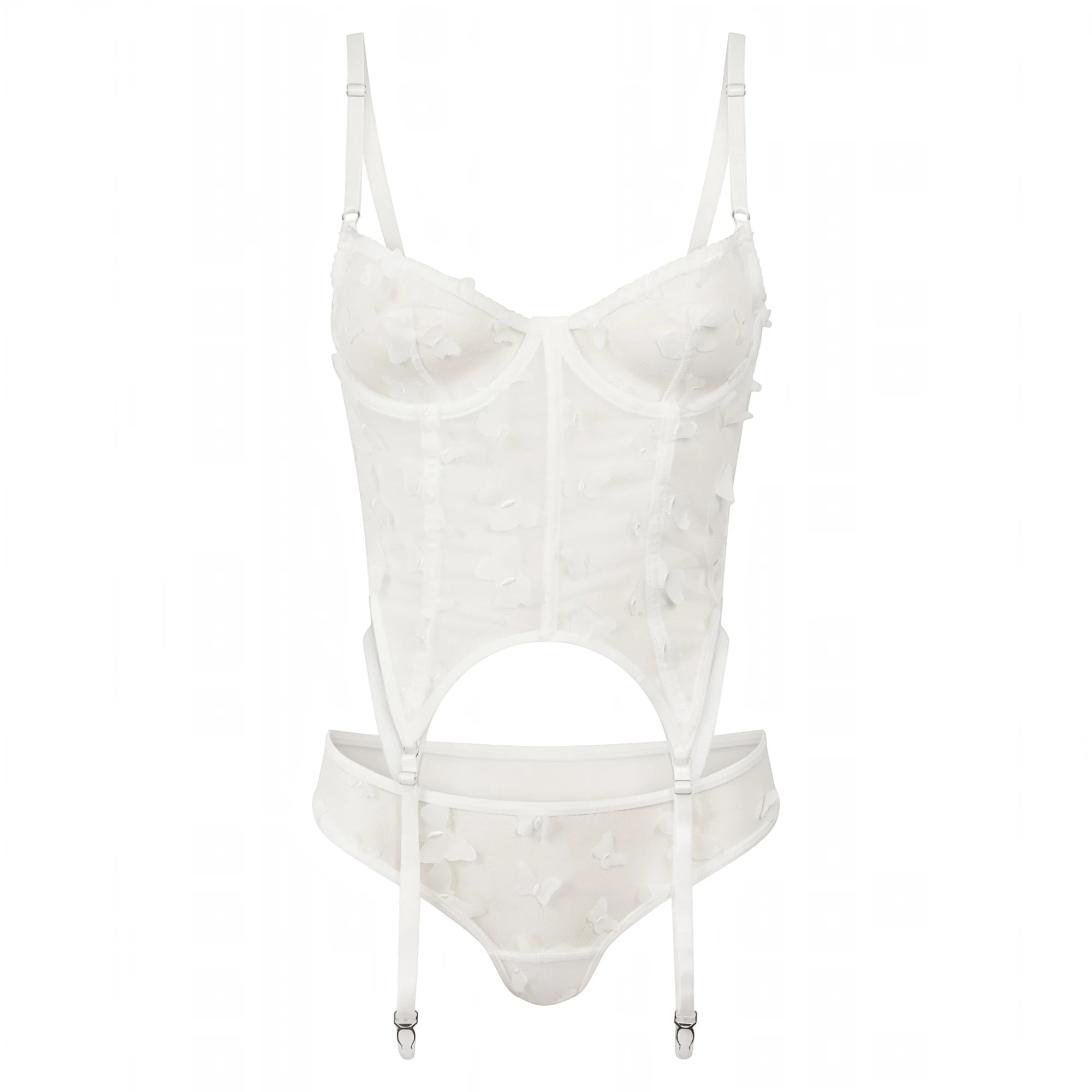 The Lormi Lingerie White Sheer Butterfly Mesh Corset Set with Suspender Thong in white with a sheer mesh corset featuring butterfly appliqué details, adjustable shoulder straps, attached suspenders, and a matching thong, shown on a plain white background.