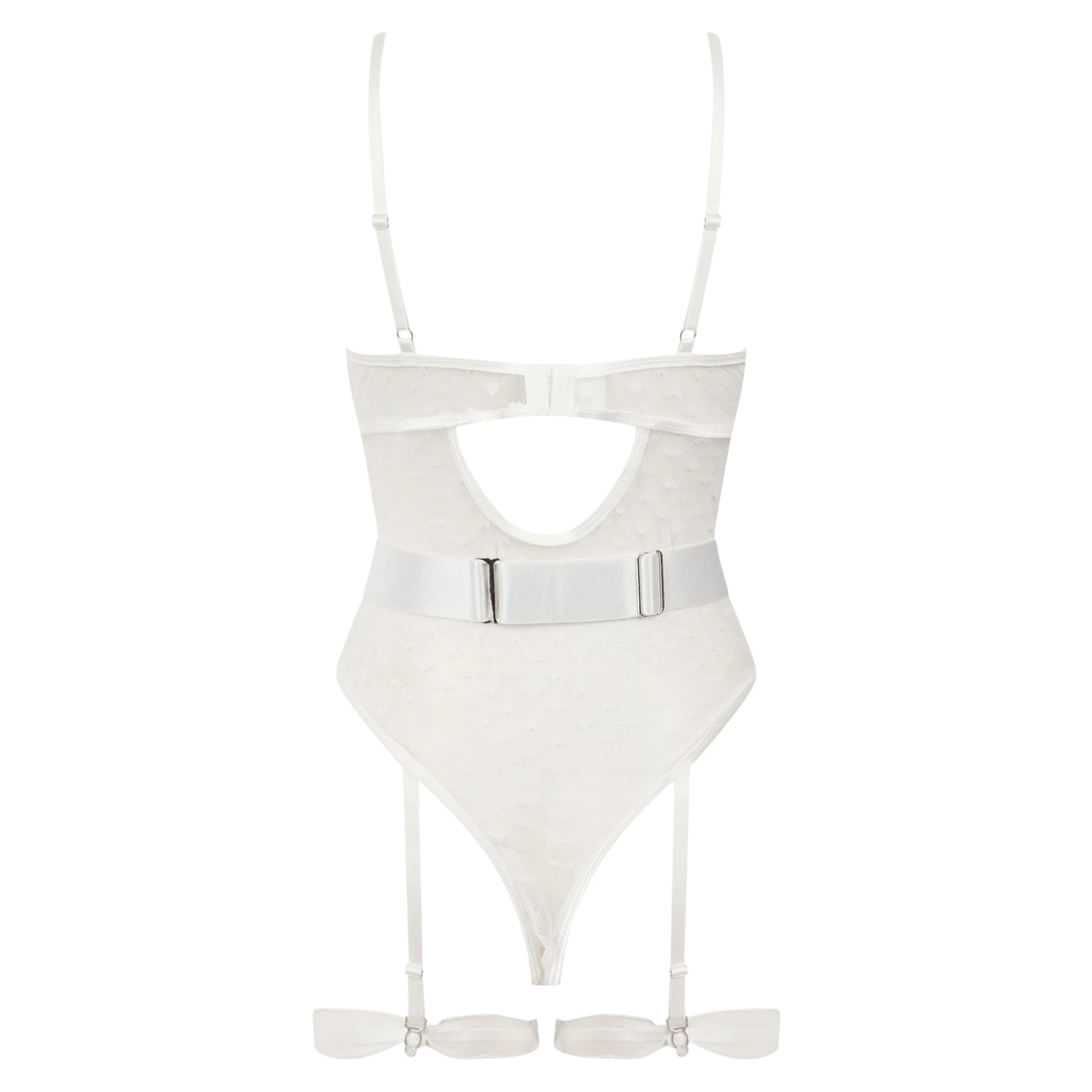 The Lormi Lingerie White Sheer Mesh Bow Front Bodysuit with Suspenders in white with a back view showing an open-back cut-out, adjustable straps, and attached suspenders with garter straps, shown on a plain white background