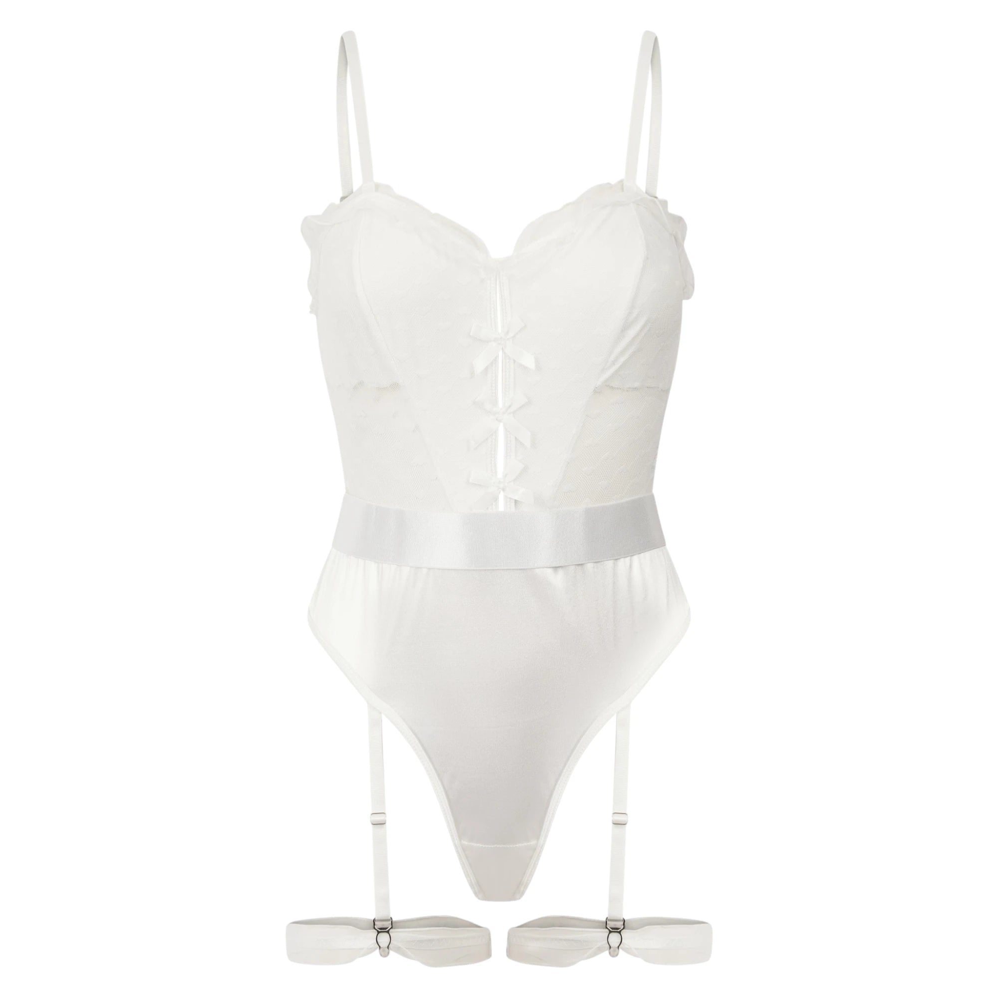 The Lormi Lingerie White Sheer Mesh Bow Front Bodysuit with Suspenders in white with sheer mesh panels, bow details down the front, adjustable shoulder straps, and attached suspenders with garter straps, shown on a plain white background
