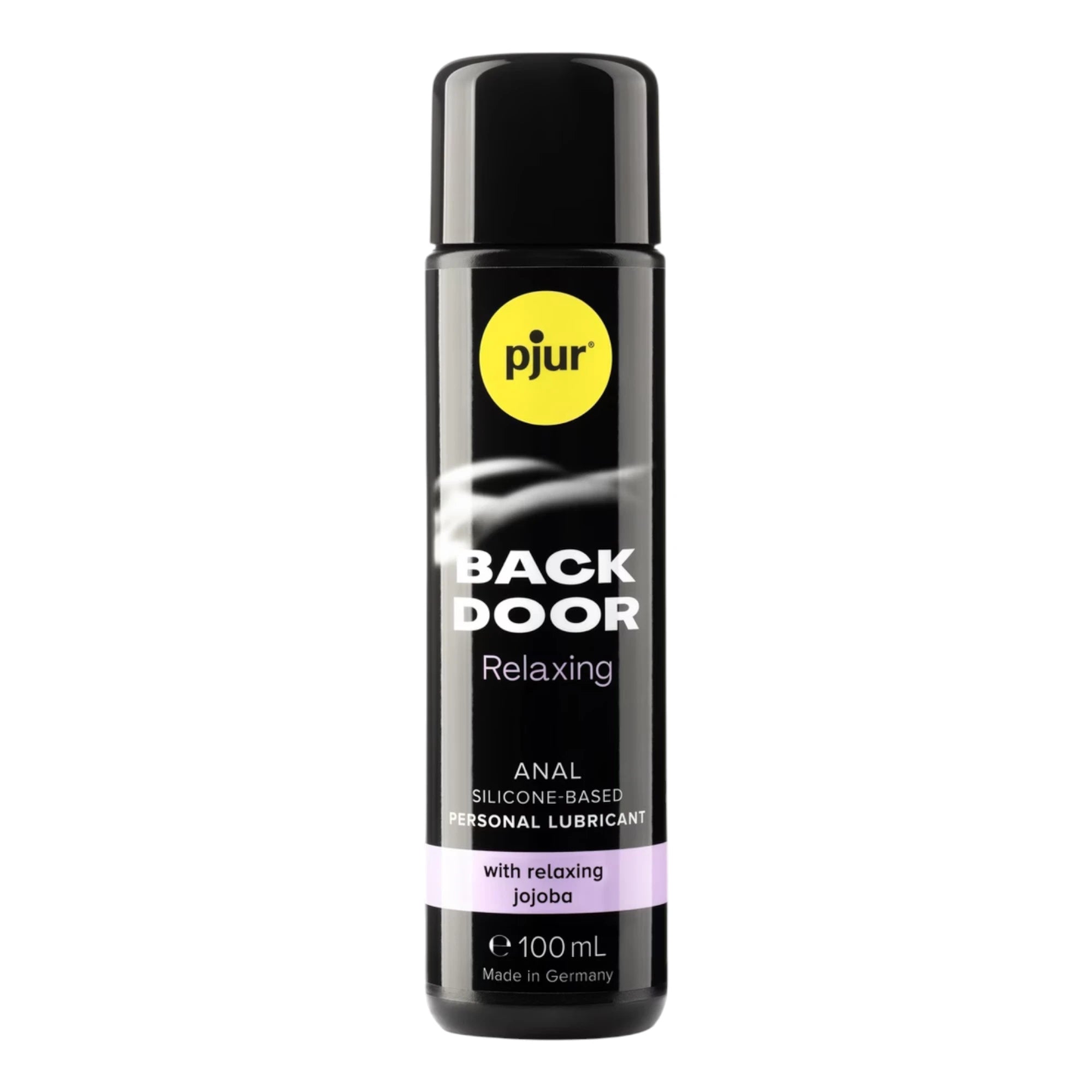 The Pjur Back Door Relaxing Anal Glide Lubricant 100ml bottle in black with a black cap, a yellow ‘pjur’ logo, and ‘Back Door Relaxing’ text on the front label, shown on a plain white background