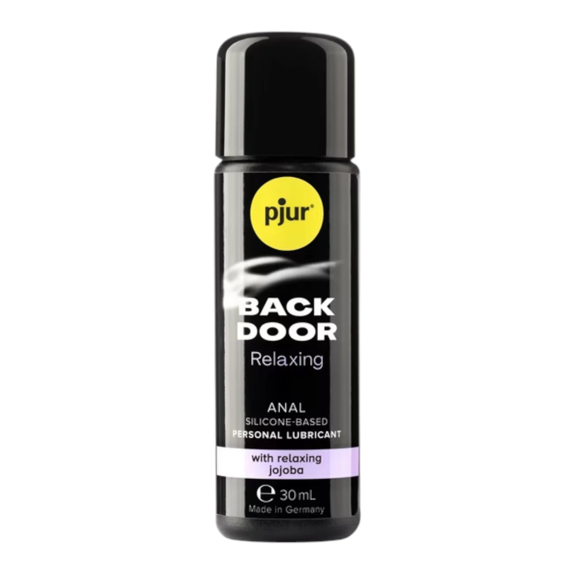 The Pjur Back Door Relaxing Anal Glide Lubricant 30ml bottle in black with a black cap, a yellow ‘pjur’ logo, and ‘Back Door Relaxing’ text on the front label, shown on a plain white background
