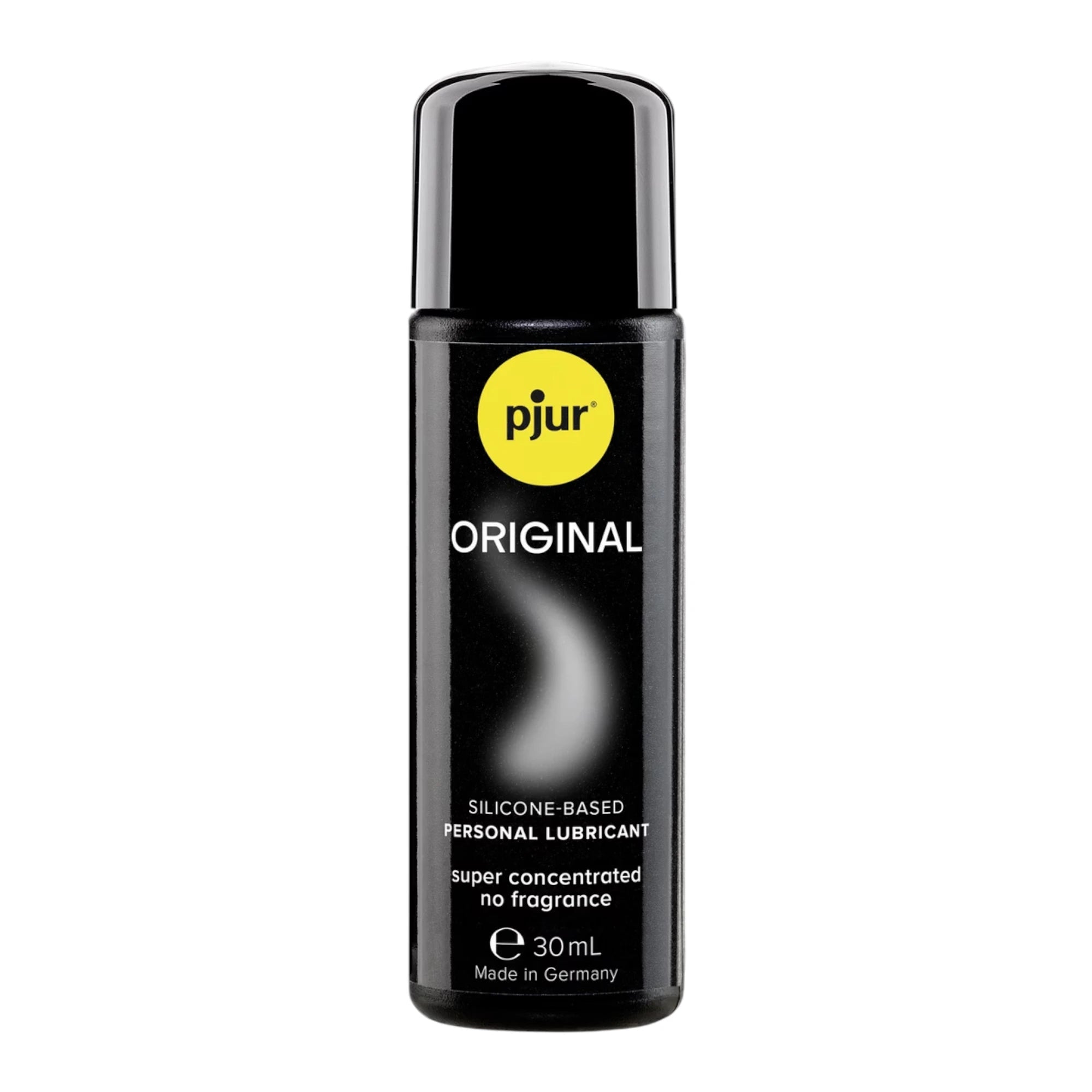 The Pjur Original Silicone-Based Lubricant 30ml bottle in black with a black cap, a yellow ‘pjur’ logo, and ‘Original’ text on the front label, shown on a plain white background