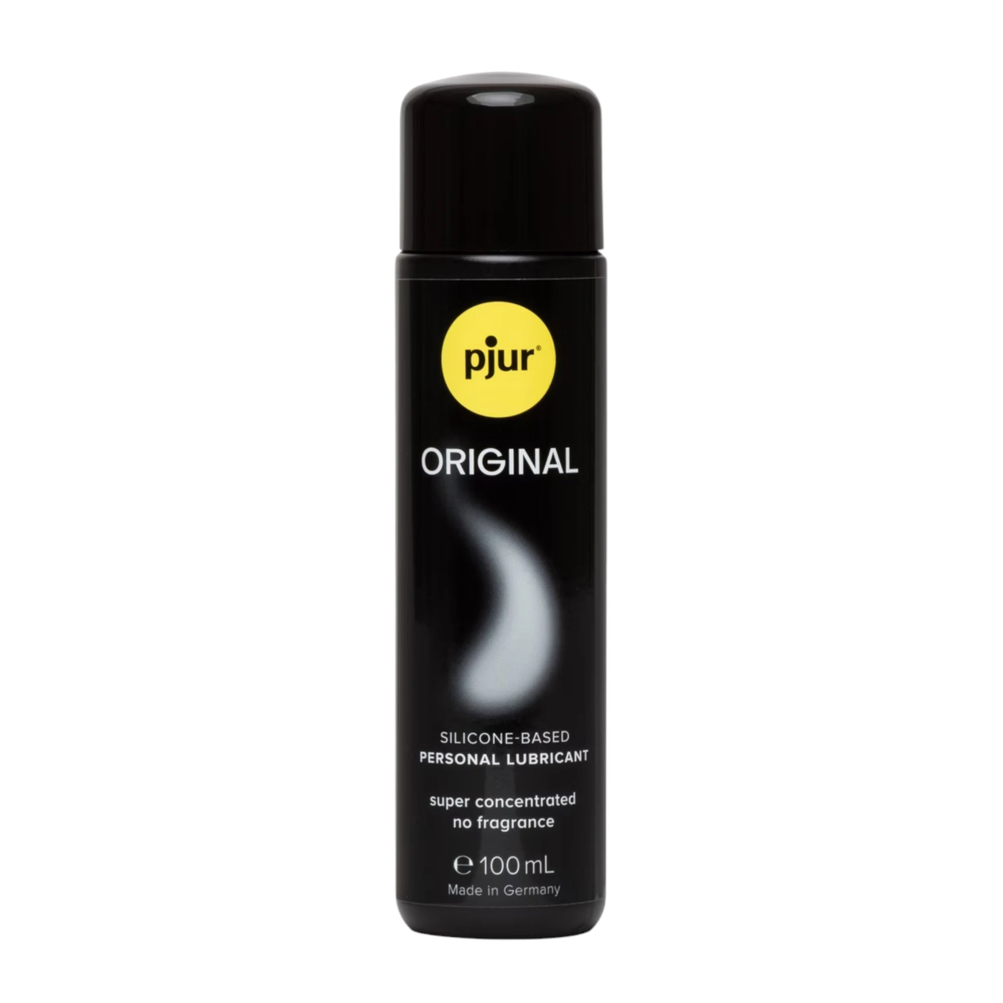 The Pjur Original Silicone Lubricant 100ml bottle in black with a black cap, a yellow ‘pjur’ logo, and ‘Original’ text on the front label, shown on a plain white background