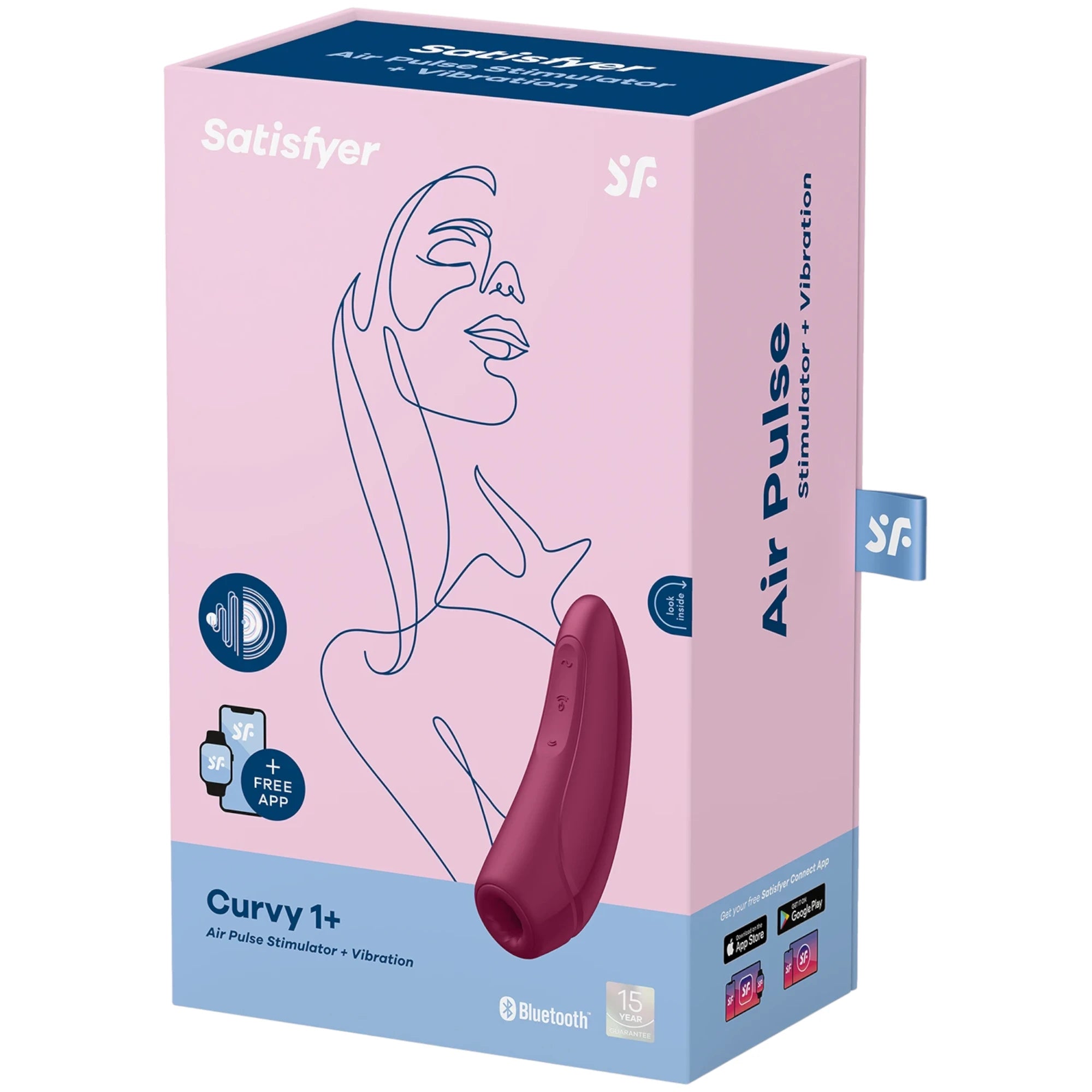 The Satisfyer Curvy 1+ clitoral suction vibrator retail box in pink and blue with a product image on the front and ‘Curvy 1+’ branding, shown on a plain white background