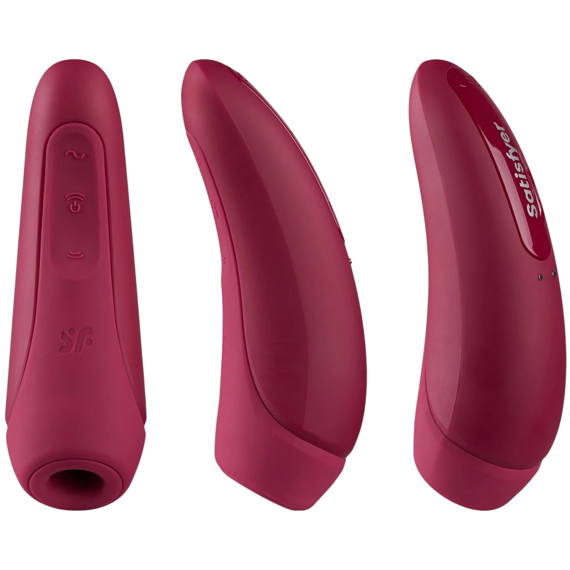 The Satisfyer Curvy 1+ clitoral suction vibrator in burgundy silicone shown from front, side, and back views with a rounded suction head featuring a circular opening and embossed control icons on the front, on a plain white background