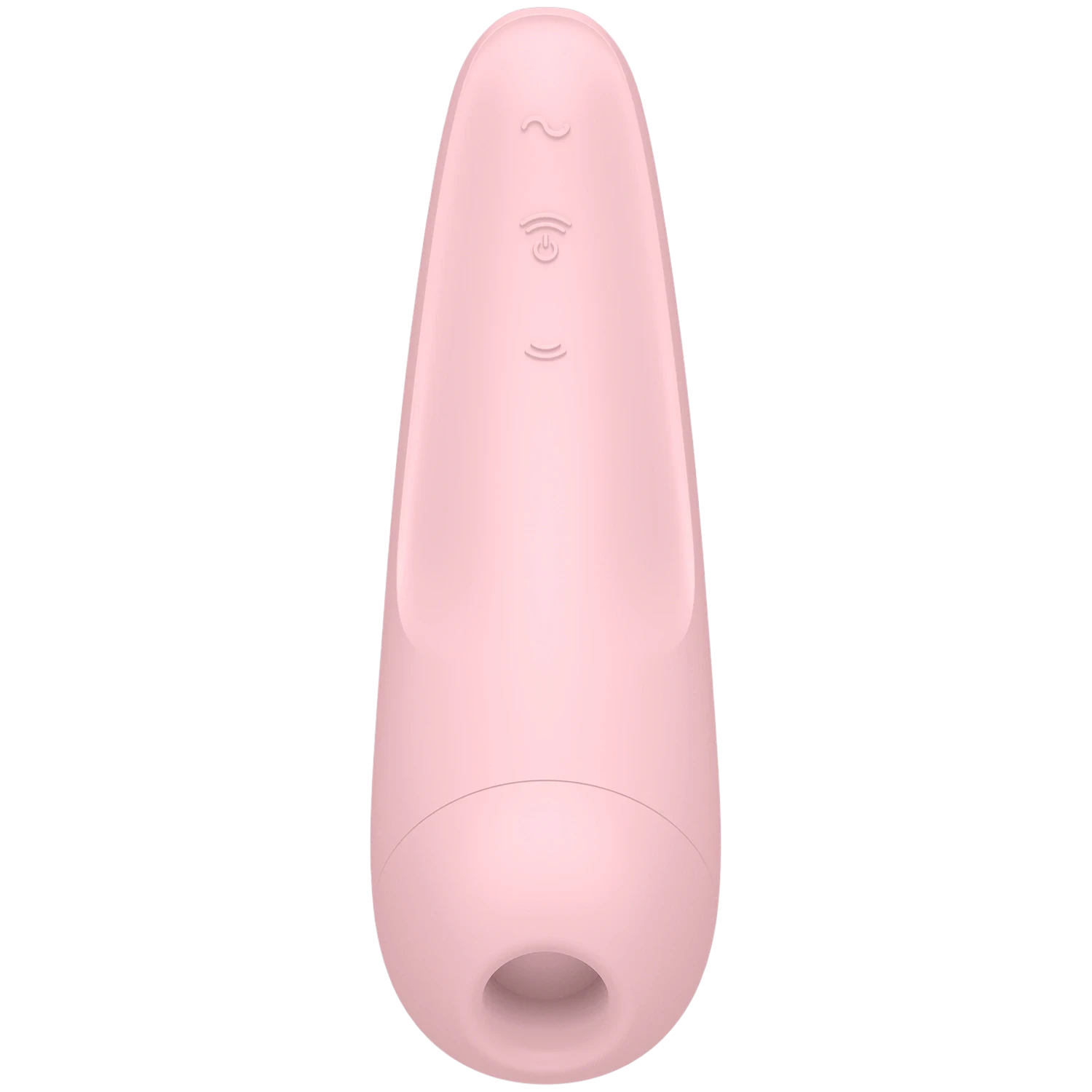 The Satisfyer Curvy 2+ clitoral suction vibrator in light pink silicone with a tapered body, a rounded suction head featuring a circular opening, and embossed control icons on the front, shown on a plain white background.