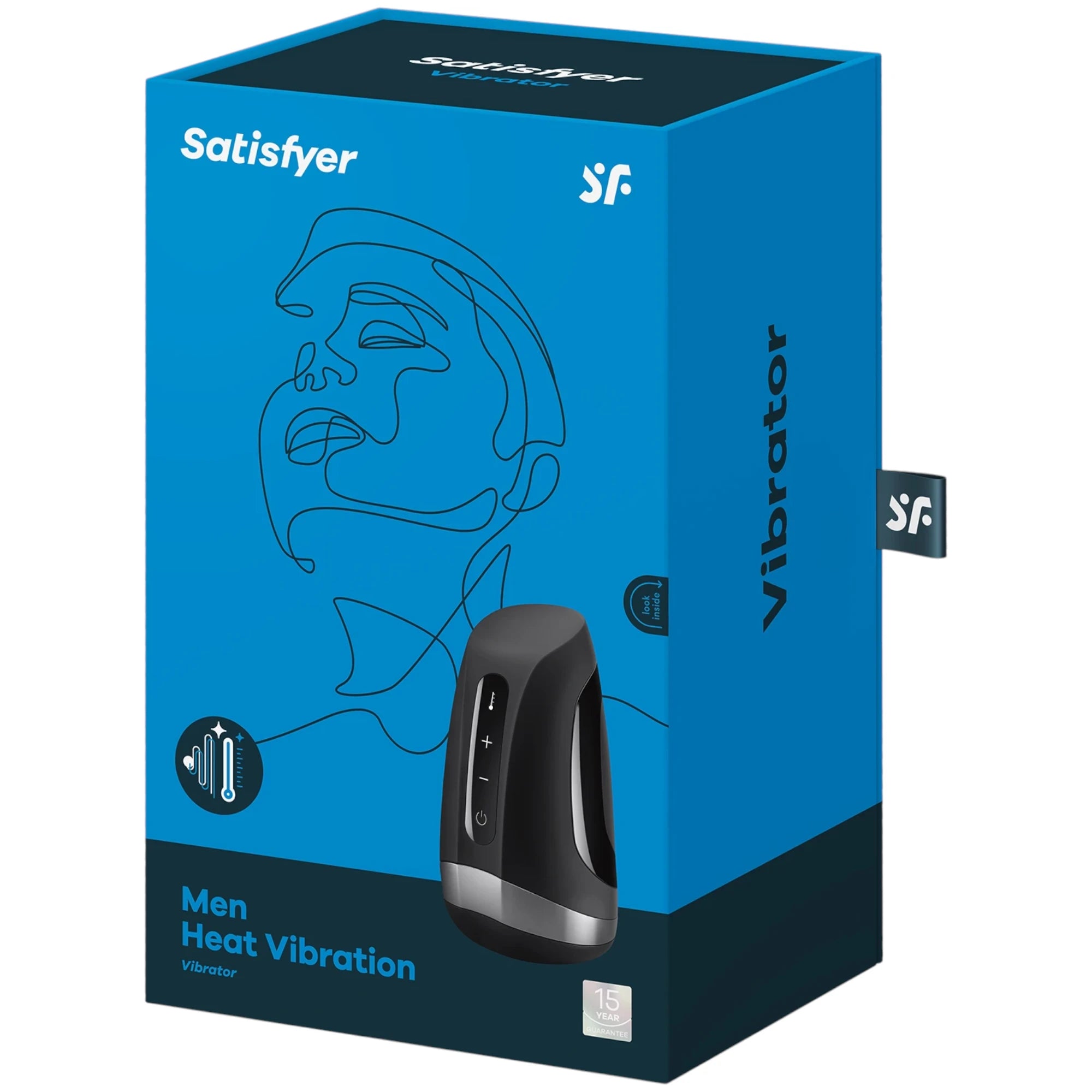 The Satisfyer Men Heat Vibration masturbator retail box in blue and black with a product image on the front and ‘Men Heat Vibration’ branding, shown on a plain white background