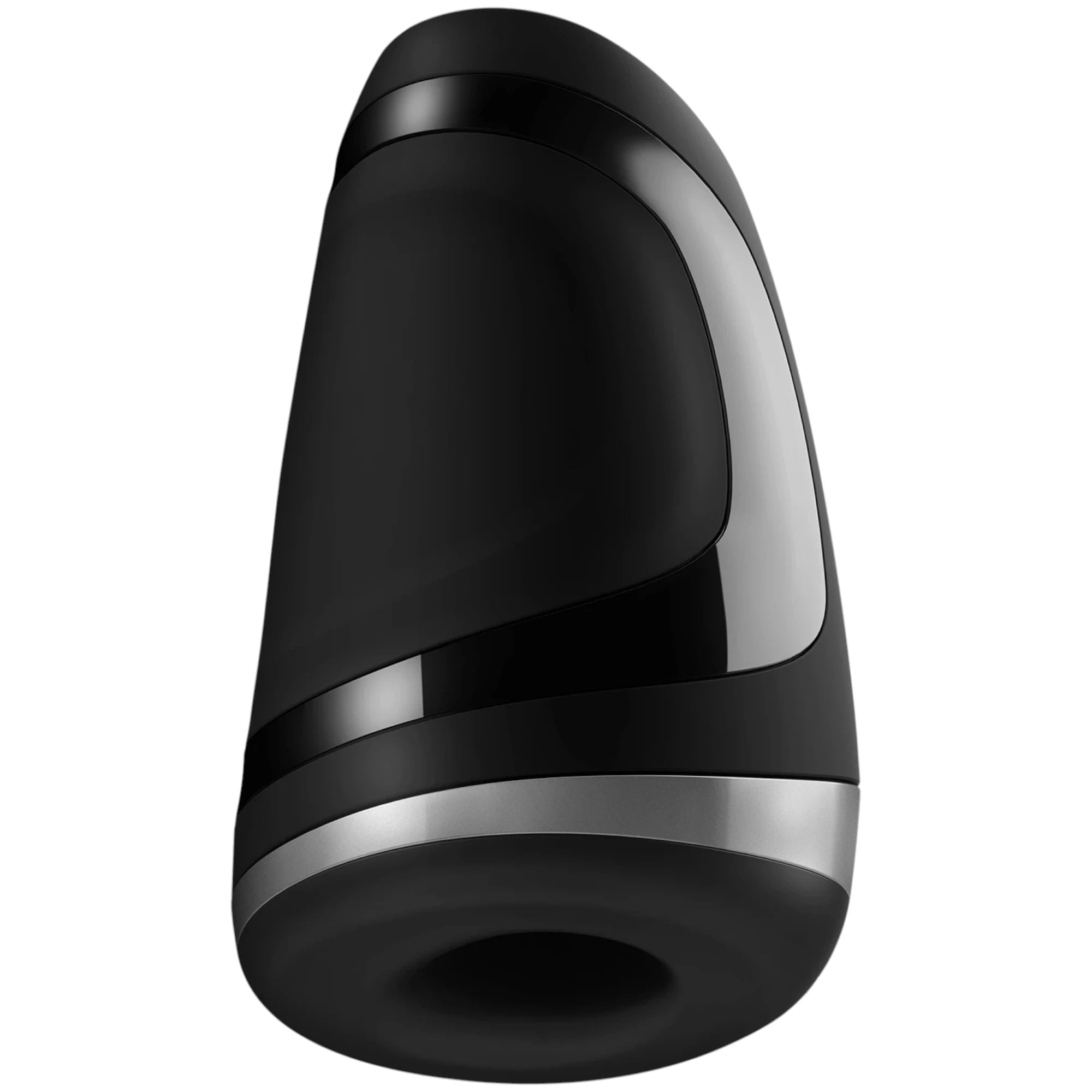The Satisfyer Men Heat Vibration masturbator in black with a curved rectangular body, a silver base band, and a circular opening at the bottom, shown on a plain white background