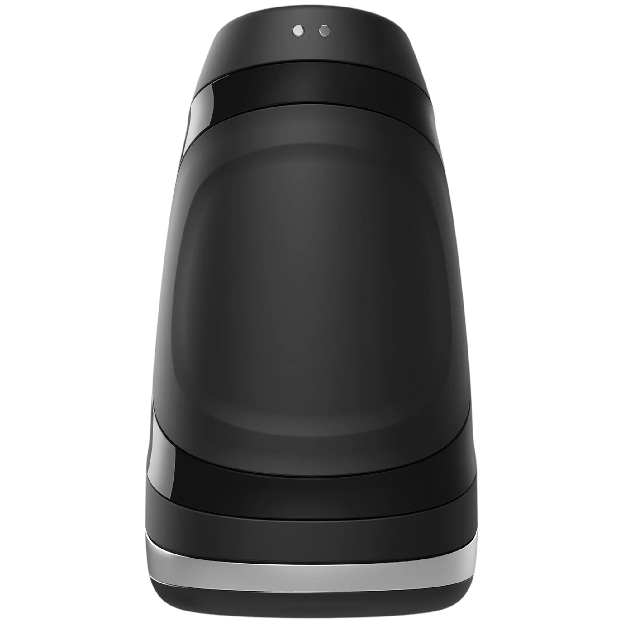 The Satisfyer Men Heat Vibration masturbator in black with a curved rectangular body and a silver base band, shown from the back with two small charging contact points near the top, on a plain white background