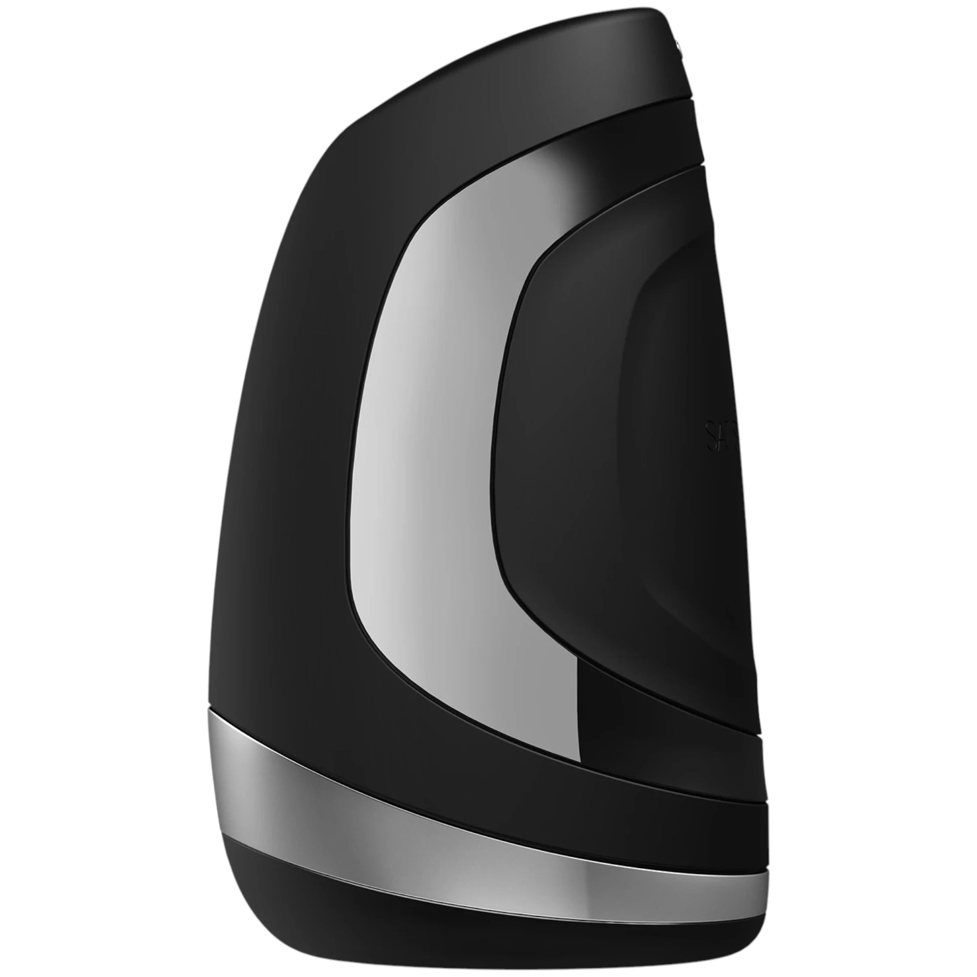 The Satisfyer Men Heat Vibration masturbator in black with a curved rectangular body, a silver base band, and a silver side panel, shown on a plain white background