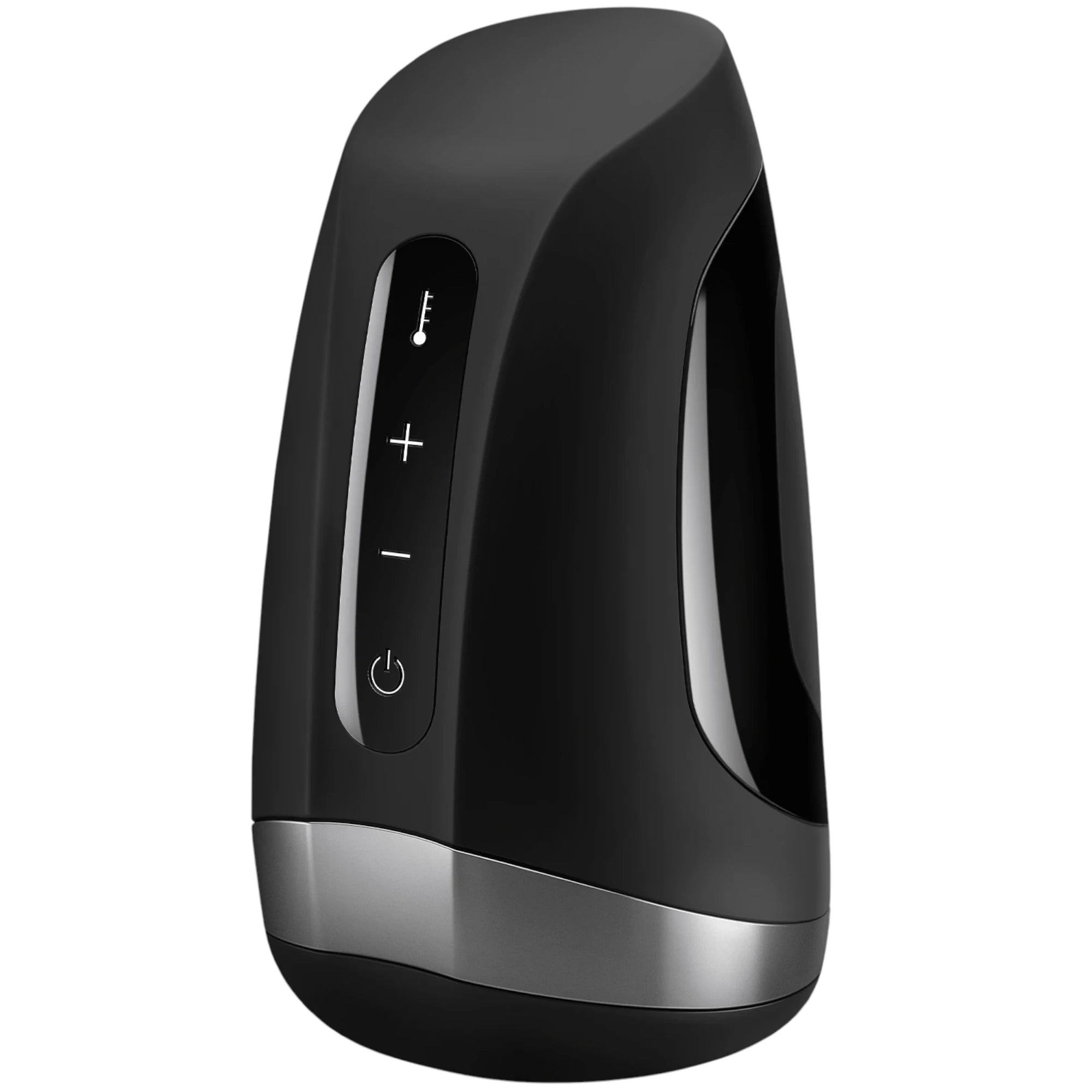 The Satisfyer Men Heat Vibration masturbator in black with a curved rectangular body, a silver base band, and a vertical control panel with heat and plus-minus icons, shown on a plain white background