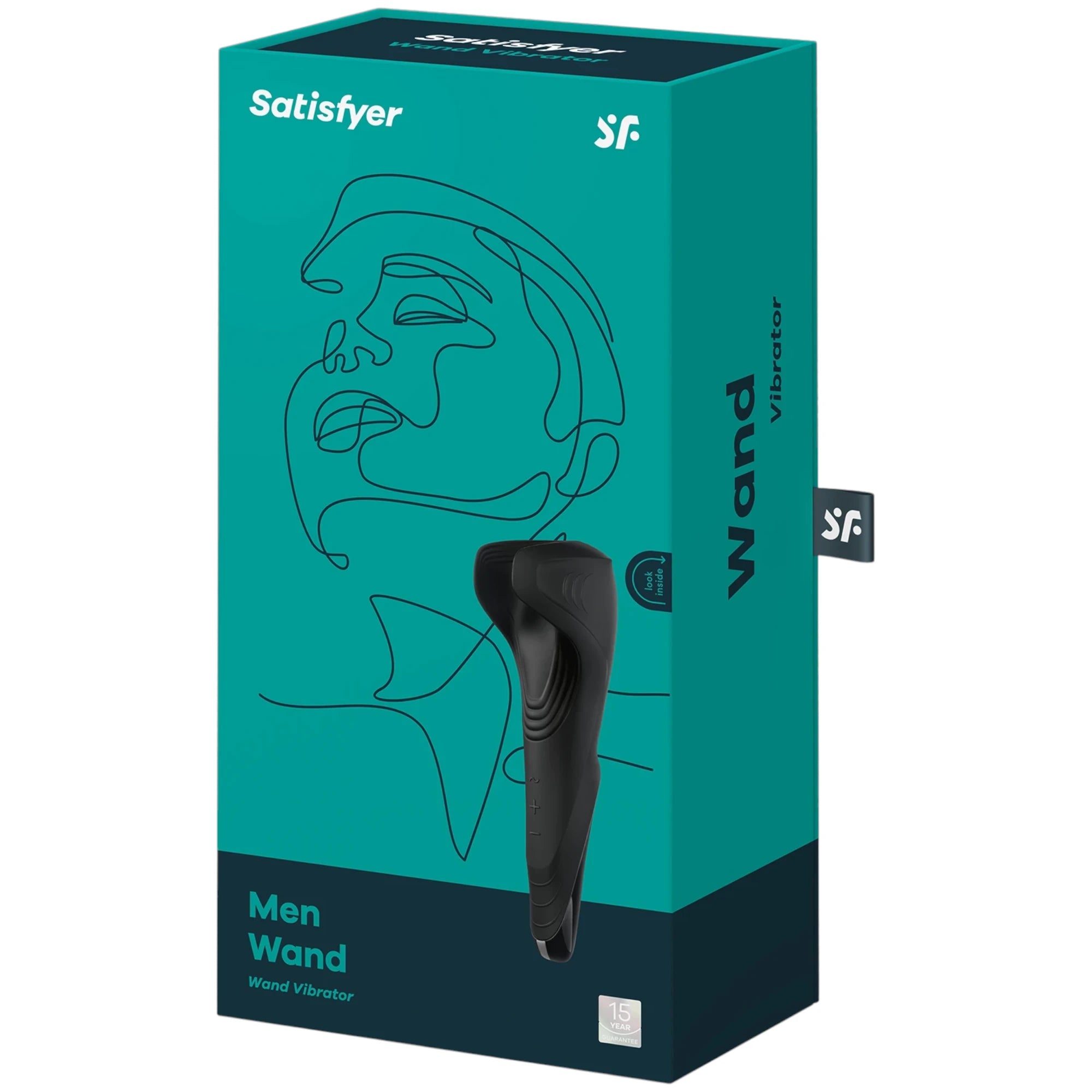 The Satisfyer Men Wand retail box in teal and dark blue with a product image on the front and ‘Men Wand’ branding, shown on a plain white background.