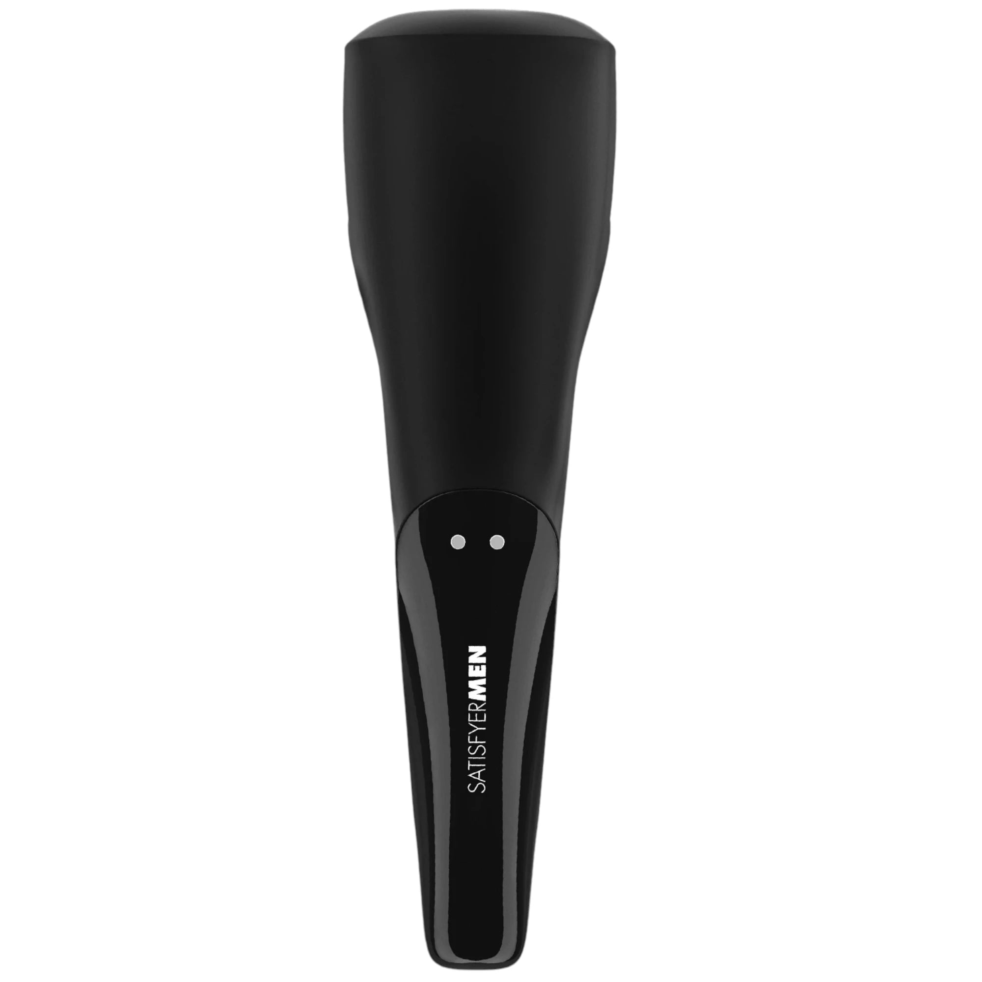 The Satisfyer Men Wand in black with a long curved handle and a wide angled massage head, shown from the back with two small charging contact points near the top, on a plain white background