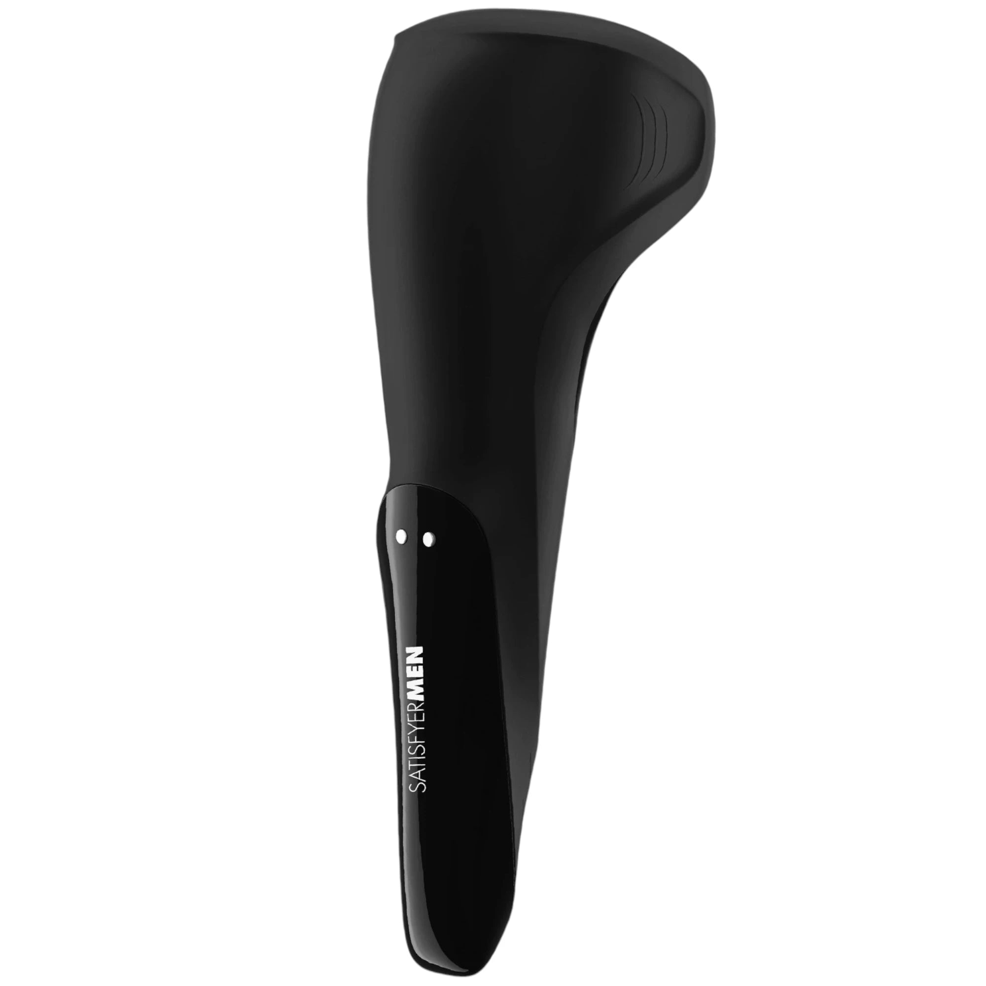 The Satisfyer Men Wand in black with a long curved handle and a wide angled massage head, shown from the back with two small charging contact points near the top, on a plain white background