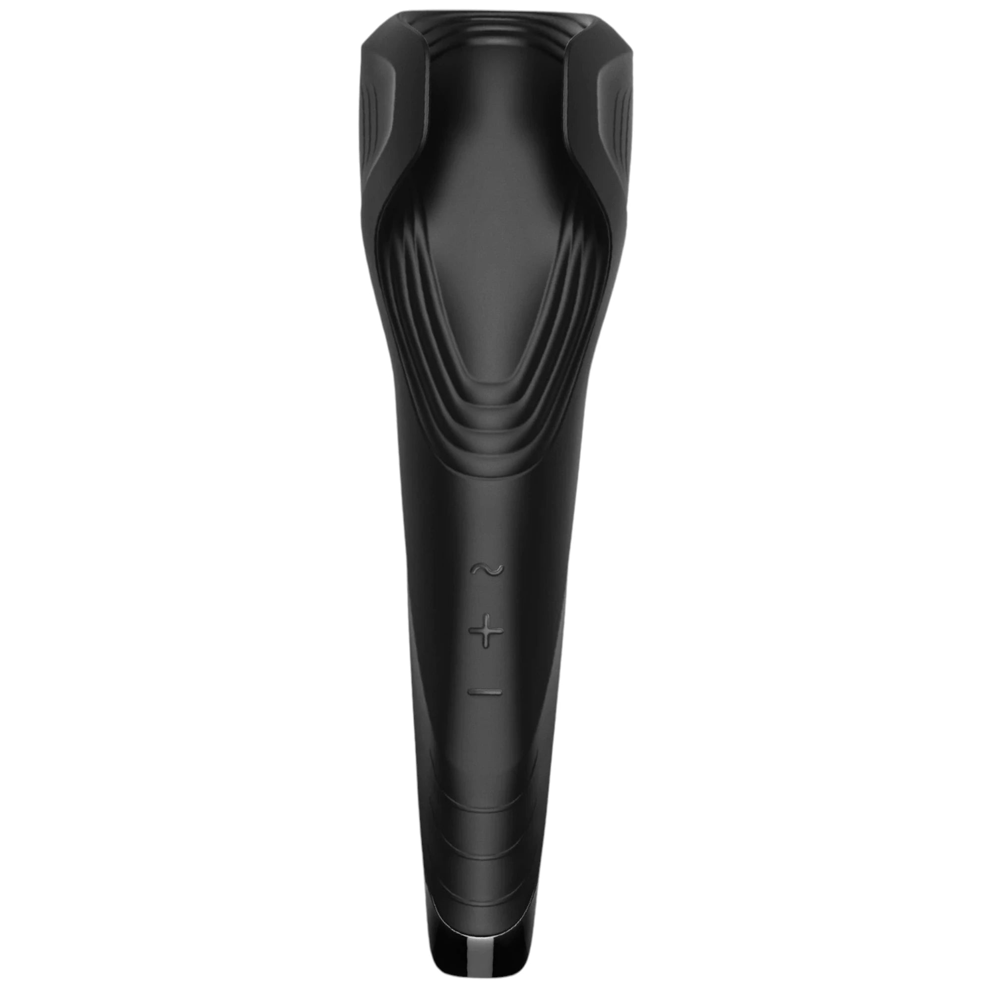 The Satisfyer Men Wand in black with a long curved handle, a wide angled massage head with textured ridges, and plus-minus control buttons on the front, shown on a plain white background