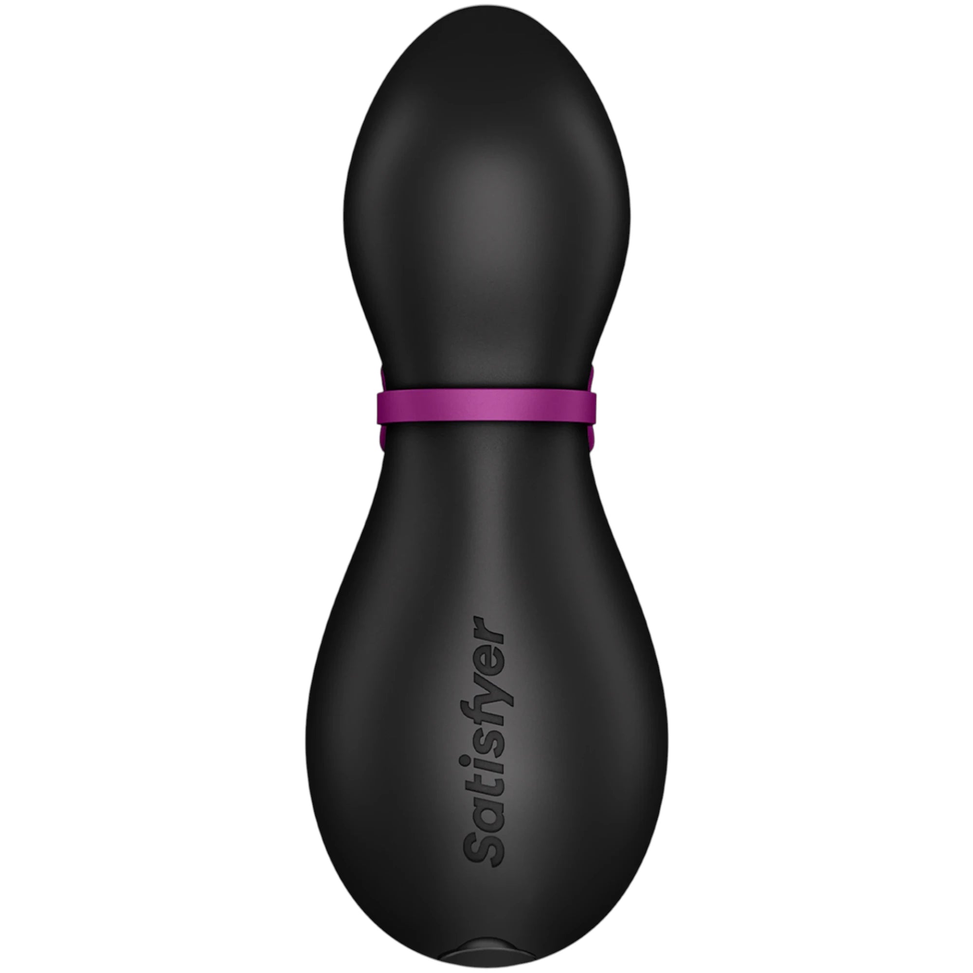 The Satisfyer Penguin clitoral suction stimulator in black with a penguin-shaped body and a purple band detail around the neck, shown from the back on a plain white background