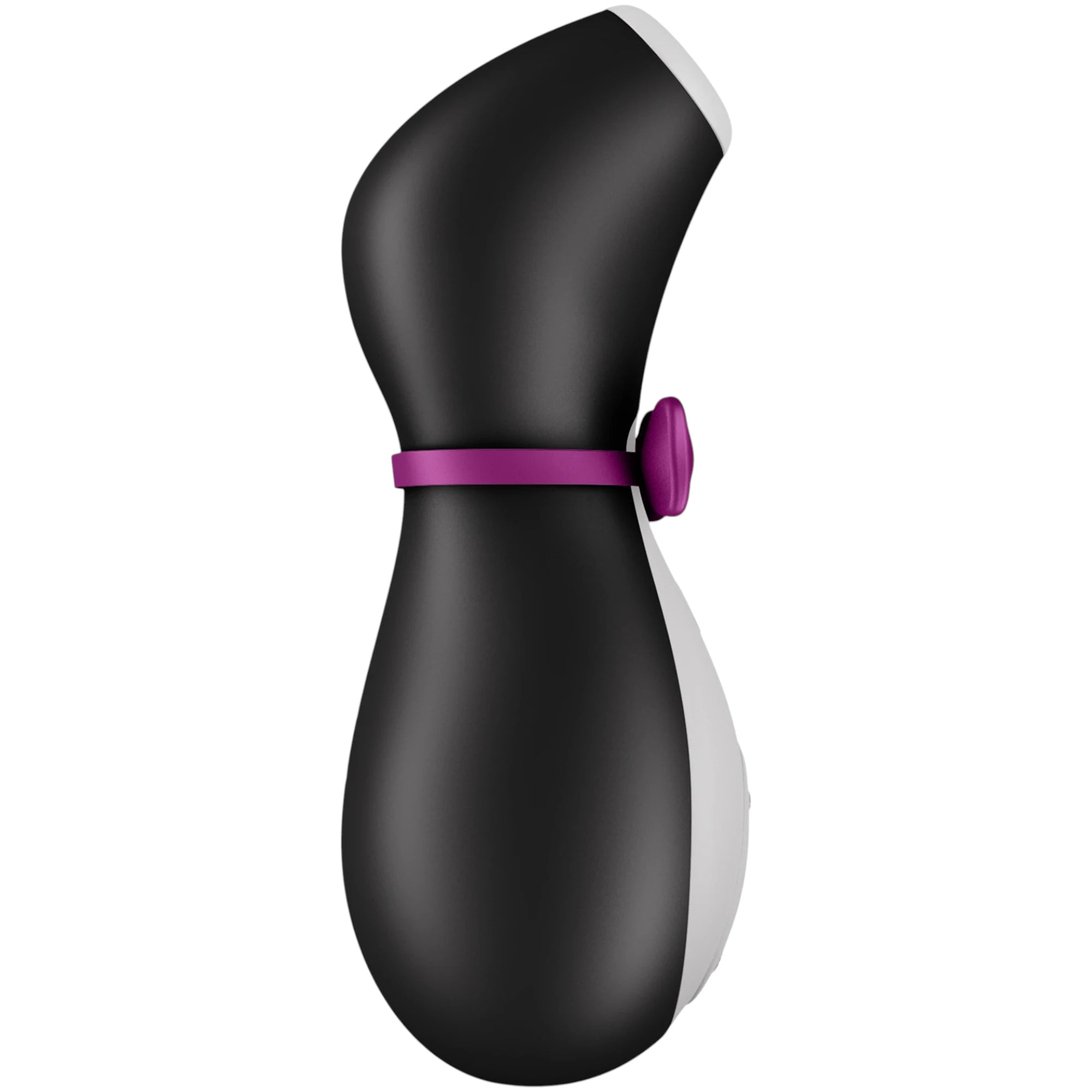 The Satisfyer Penguin clitoral suction stimulator in black and white with a penguin-shaped body and a purple bow detail around the neck, shown from the side on a plain white background.