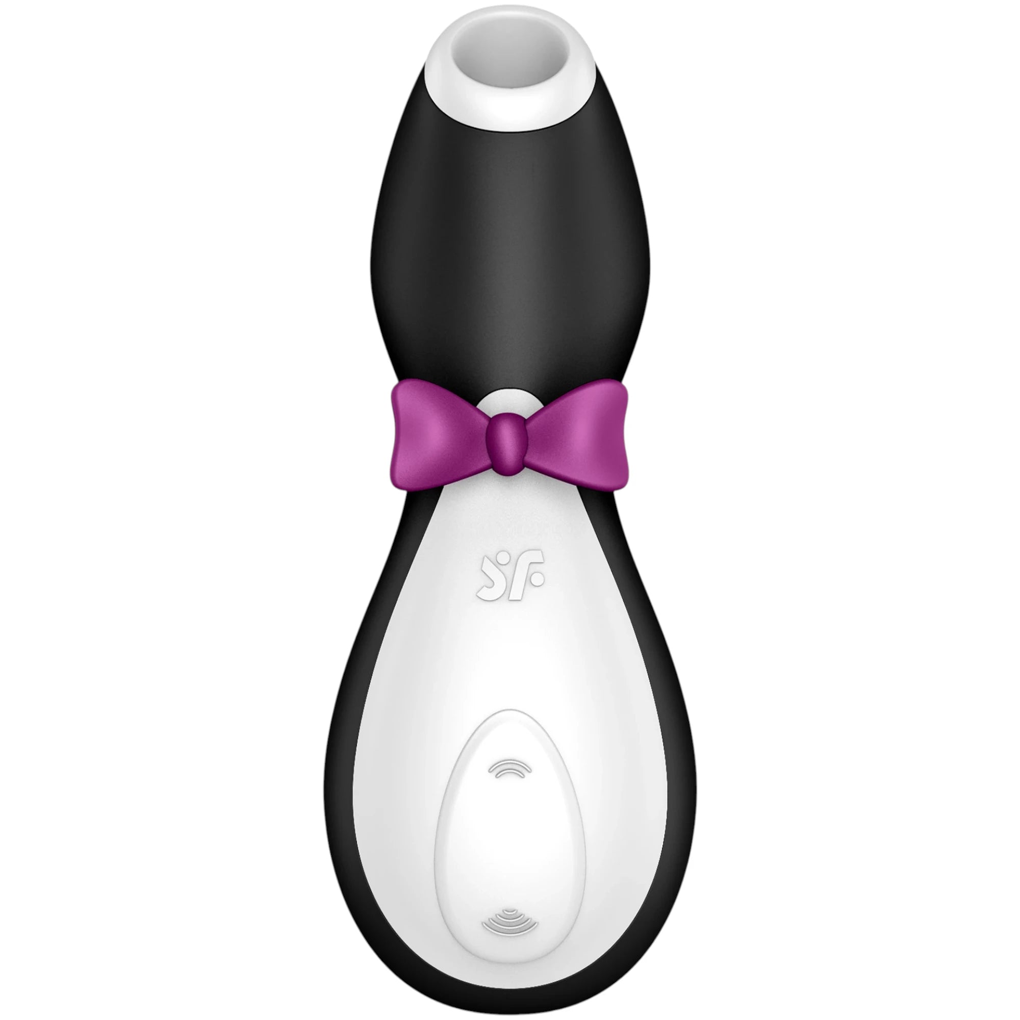 The Satisfyer Penguin clitoral suction stimulator in black and white with a penguin-shaped body, a white suction head with a circular opening, and a purple bow detail around the neck, shown on a plain white background