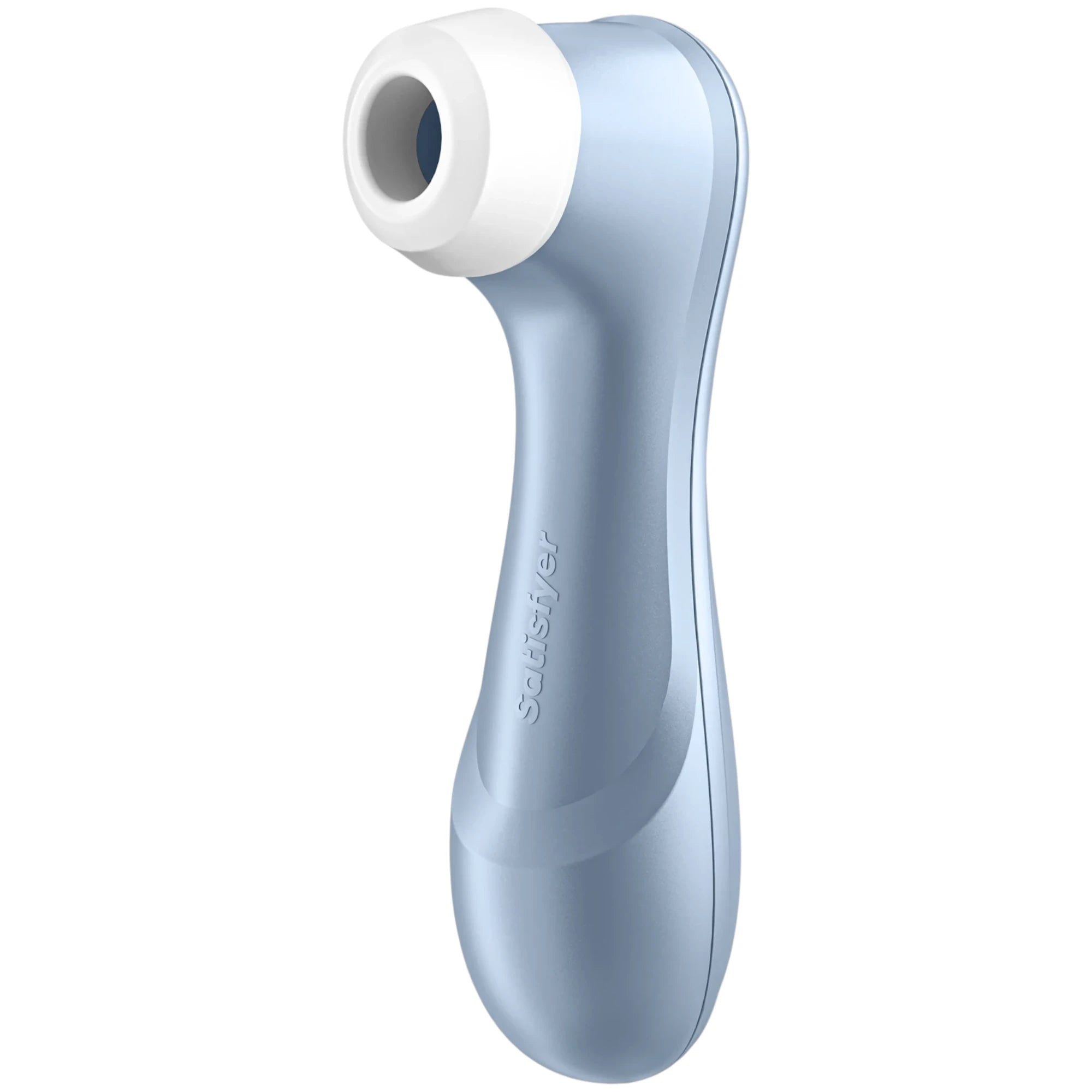 The Satisfyer Pro 2 Generation 2 clitoral stimulator in light blue with a curved handle and a white silicone suction head featuring a circular opening, shown on a plain white background