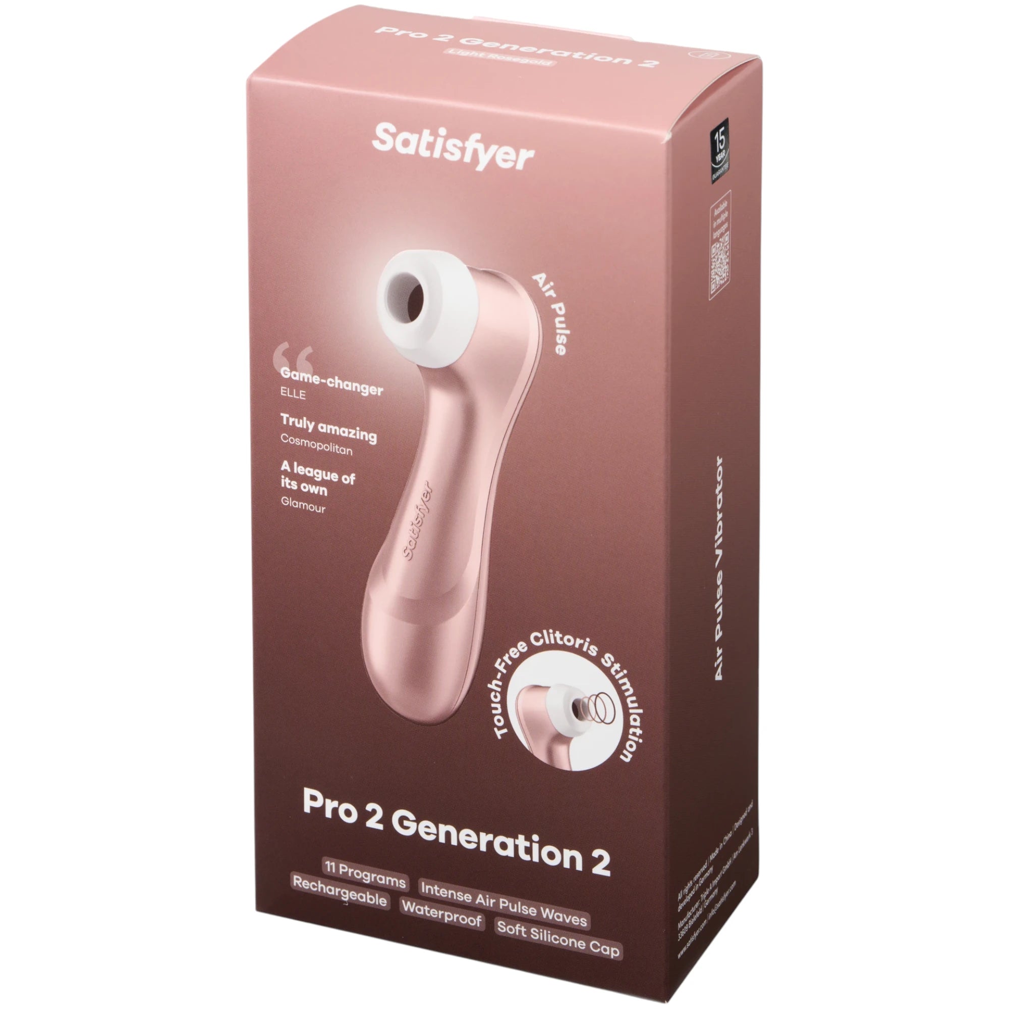 The Satisfyer Pro 2 Generation 2 clitoral stimulator retail box in rose gold and brown with a product image on the front and ‘Pro 2 Generation 2’ branding, shown on a plain white background