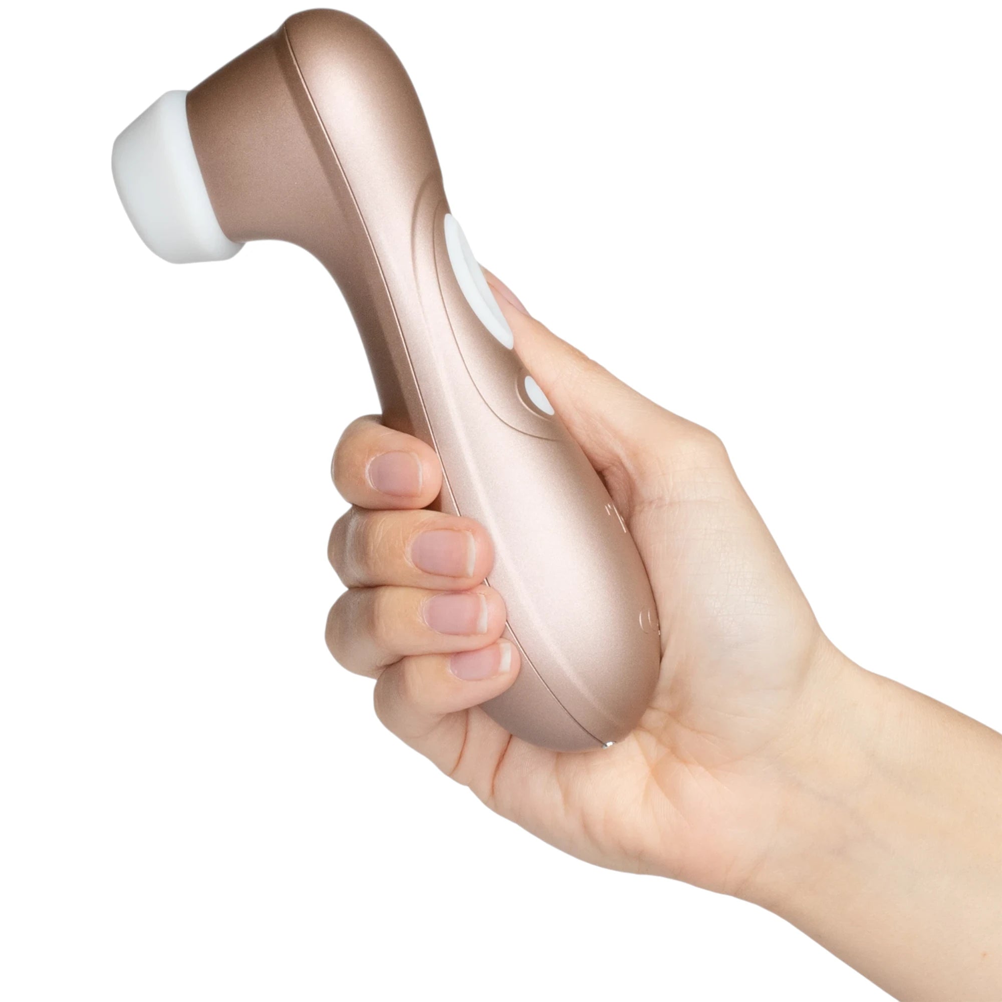 The Satisfyer Pro 2 Generation 2 clitoral stimulator in rose gold with a curved handle and a white silicone suction head featuring a circular opening, shown held in a hand against a plain white background.