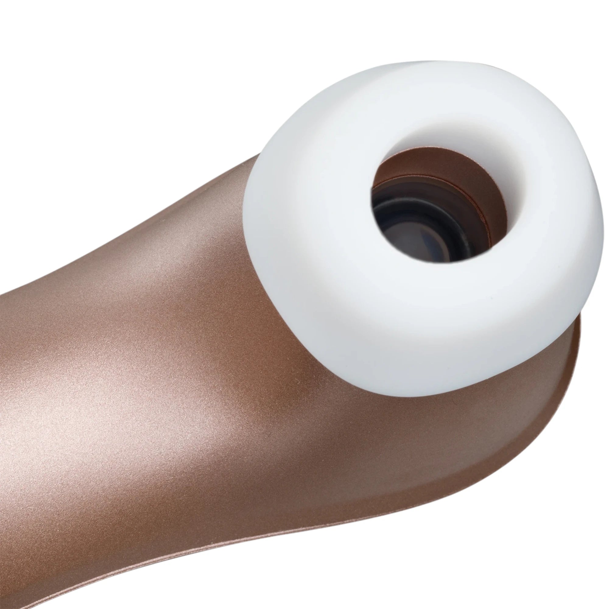 The Satisfyer Pro 2 Generation 2 clitoral stimulator in rose gold with a close-up view of the white silicone suction head and circular opening, shown on a plain white background