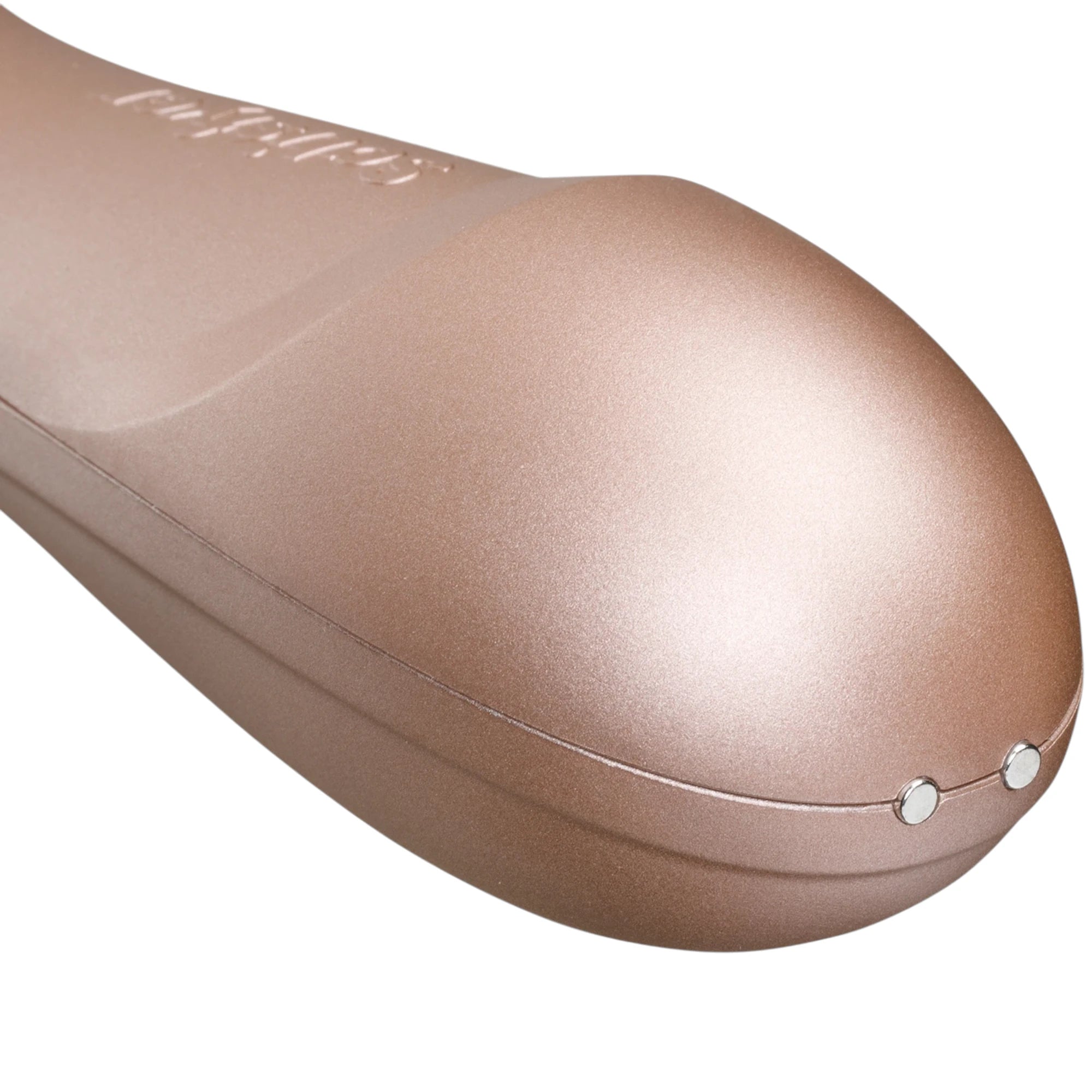 The Satisfyer Pro 2 Generation 2 clitoral stimulator in rose gold with a close-up view of the rounded base showing two metal charging contact points, shown on a plain white background
