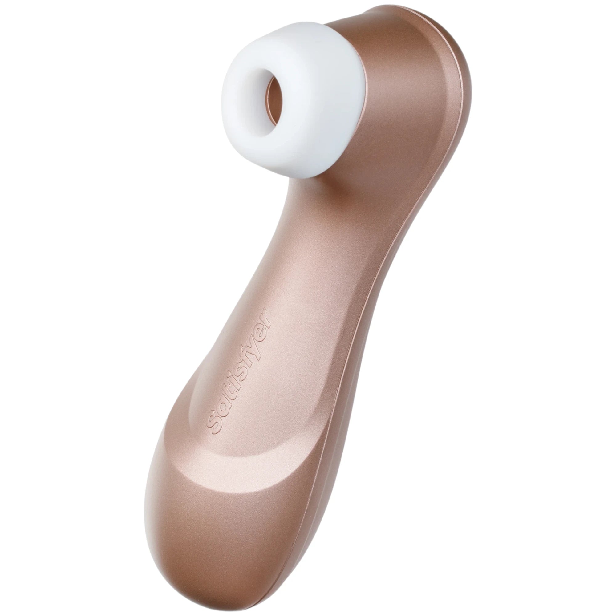 The Satisfyer Pro 2 Generation 2 clitoral stimulator in rose gold with a curved handle and a white silicone suction head featuring a circular opening, shown on a plain white background