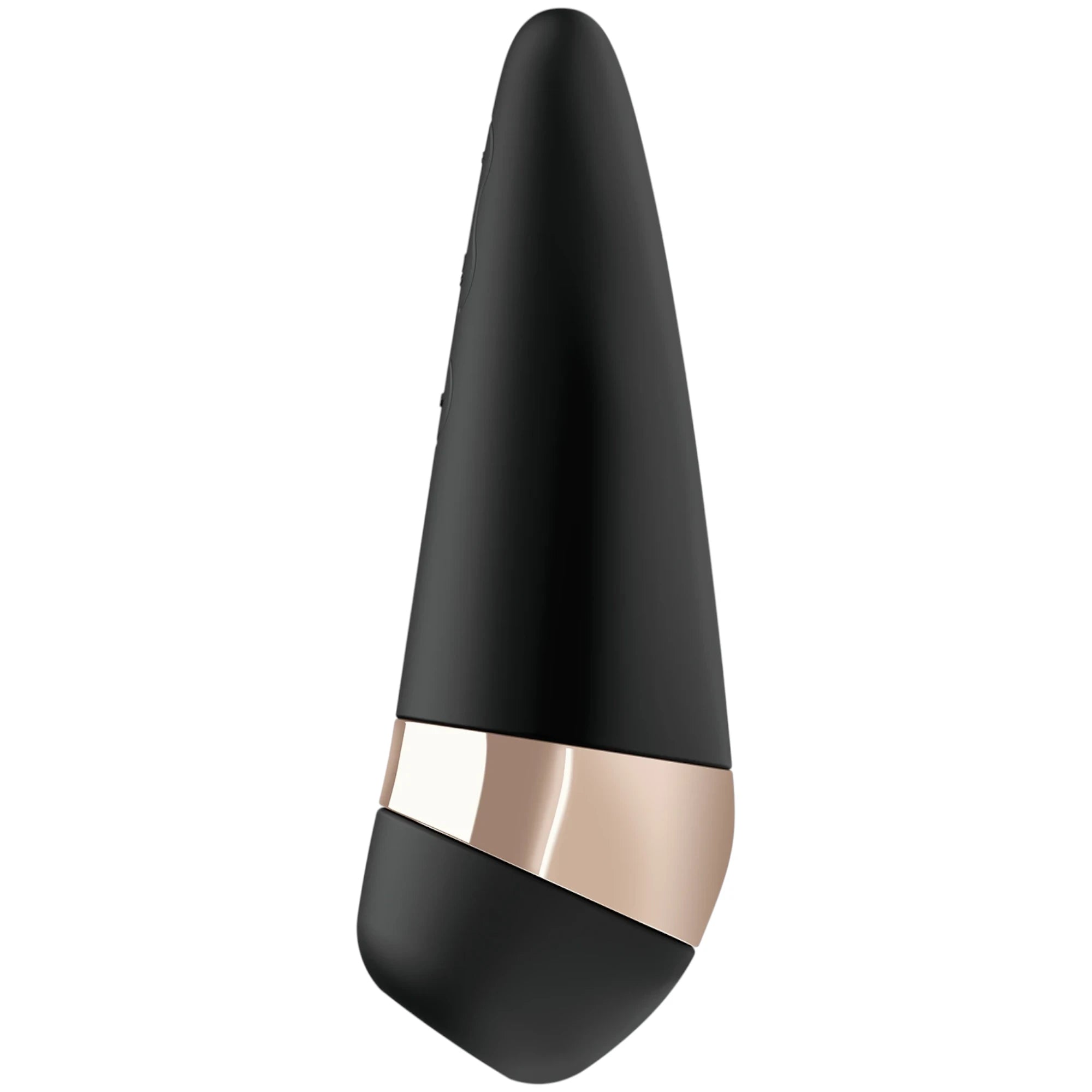 The Satisfyer Pro 3+ vibrating clitoral stimulator in black with a tapered cylindrical body and a rose gold band around the centre, shown on a plain white background