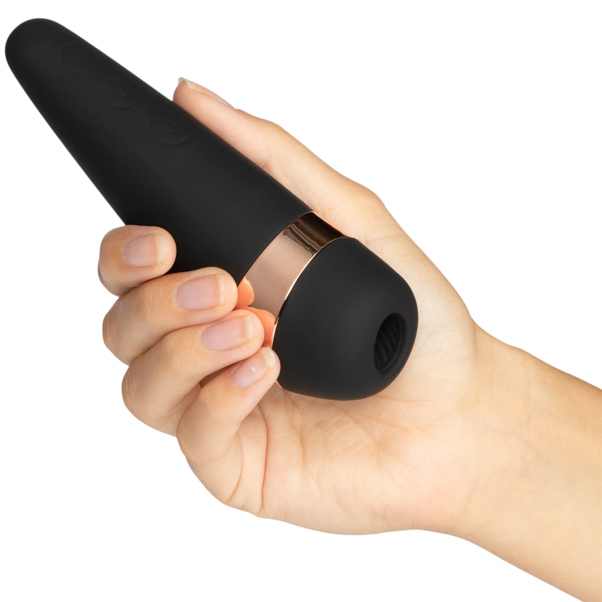 The Satisfyer Pro 3+ vibrating clitoral stimulator in black with a tapered cylindrical body, a rose gold band around the centre, and a rounded suction head with a circular opening, shown held in a hand against a plain white background