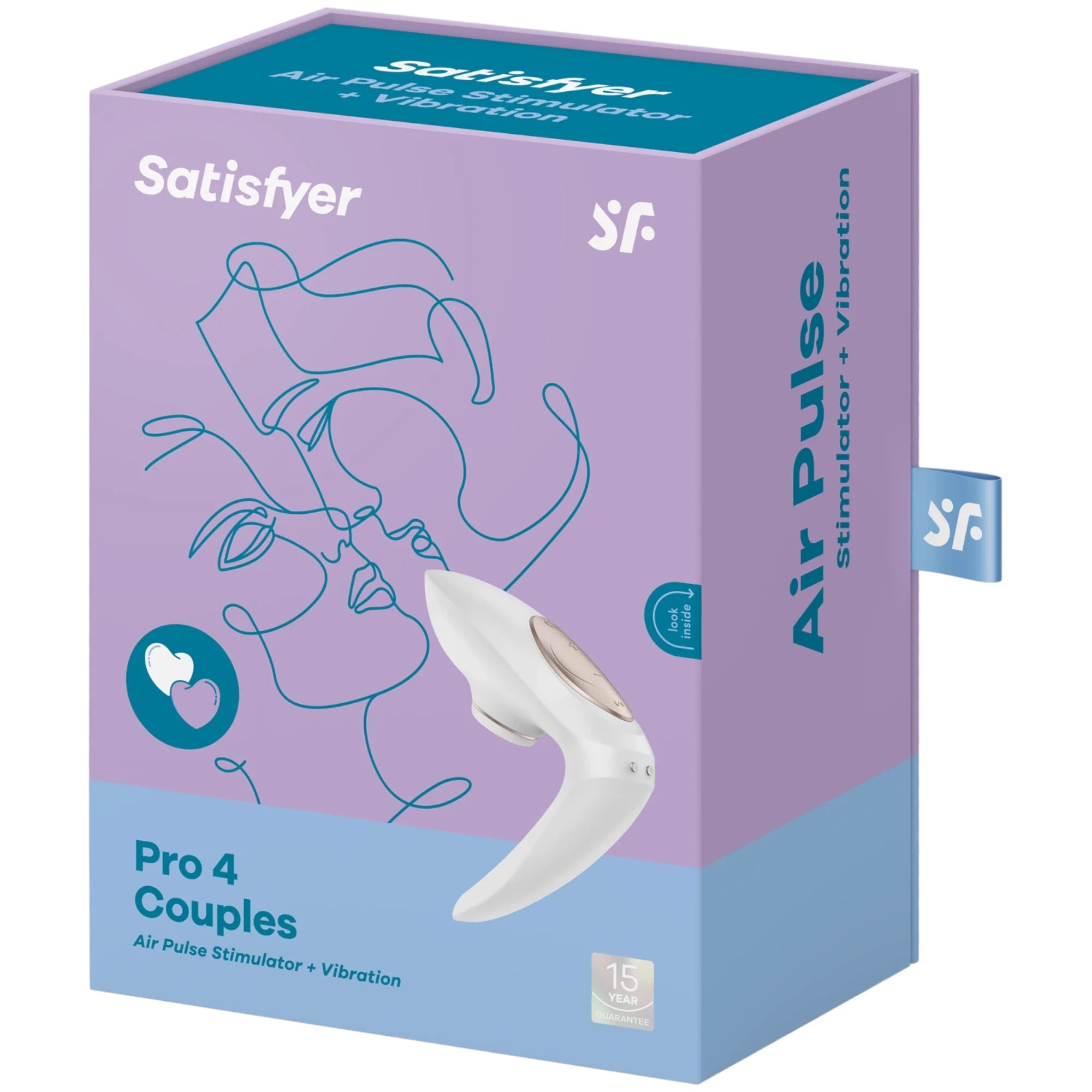 The Satisfyer Pro 4 couple’s vibrator retail box in purple and blue with a product image on the front and ‘Pro 4 Couples’ branding, shown on a plain white background