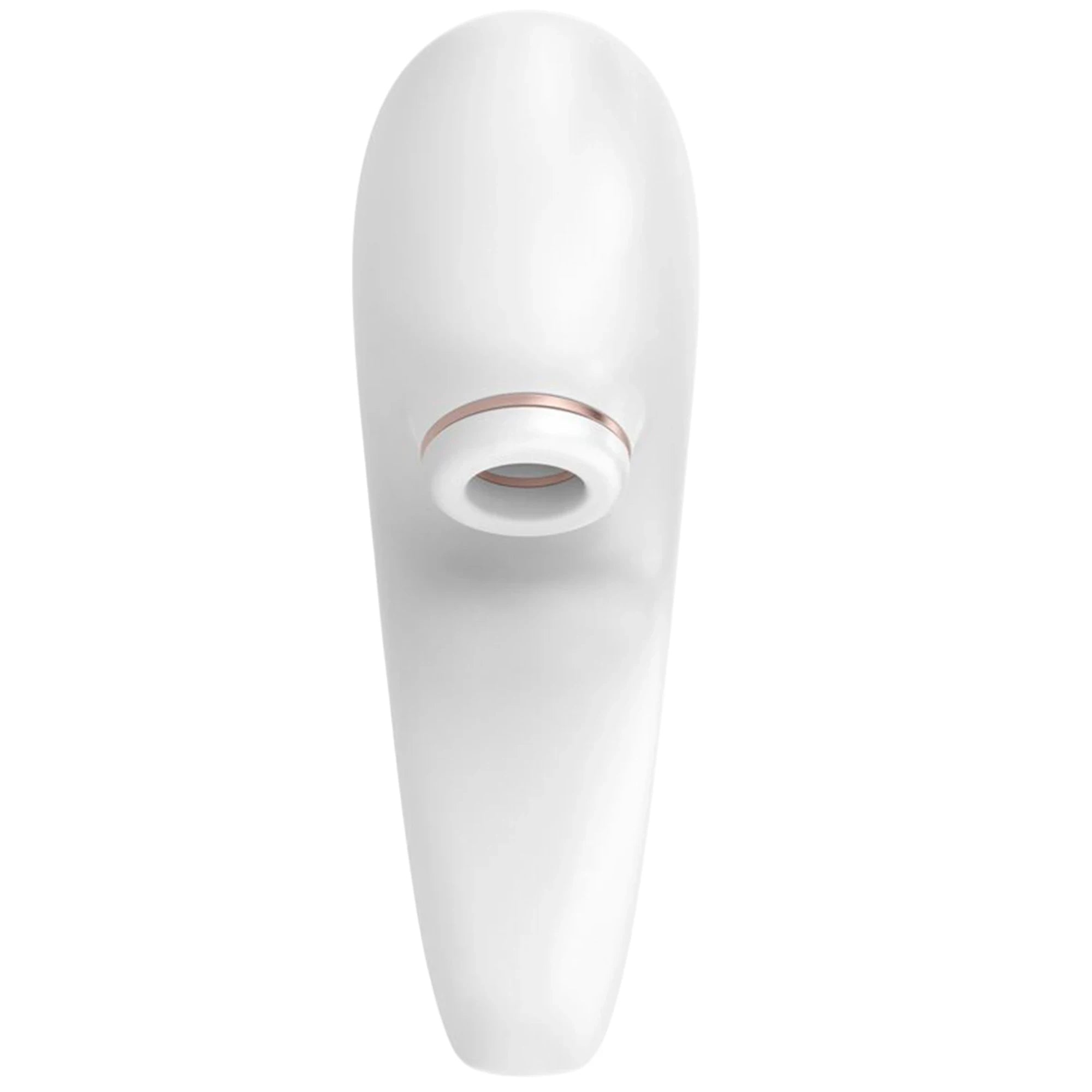 The Satisfyer Pro 4 couple’s vibrator in white with a close-up view of the rounded central motor section and circular opening, shown on a plain white background